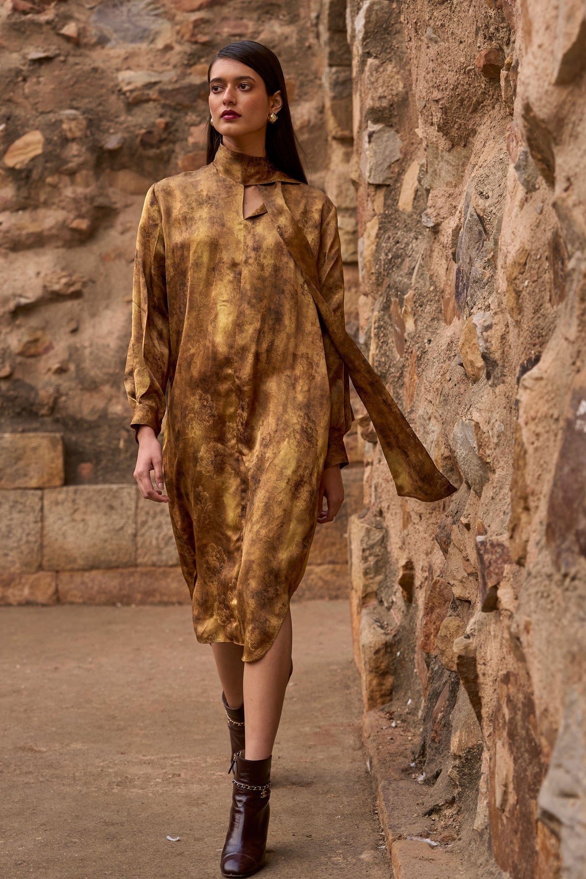Mustard Neck Scarf Dress