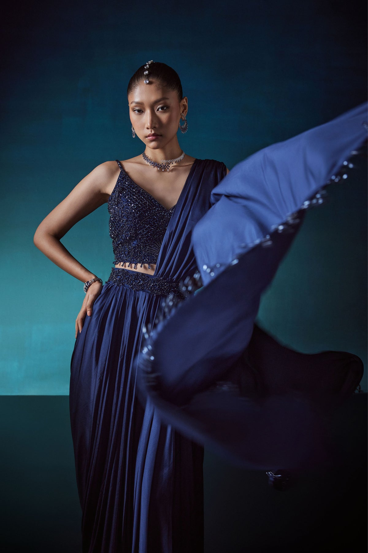 Navy Drape Saree Set