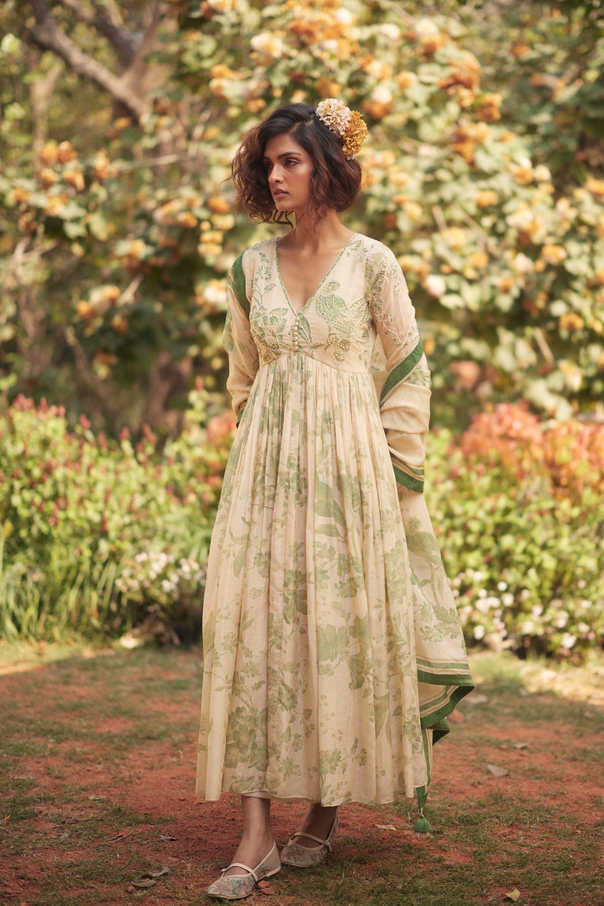 Green and Ivory Anarkali Set