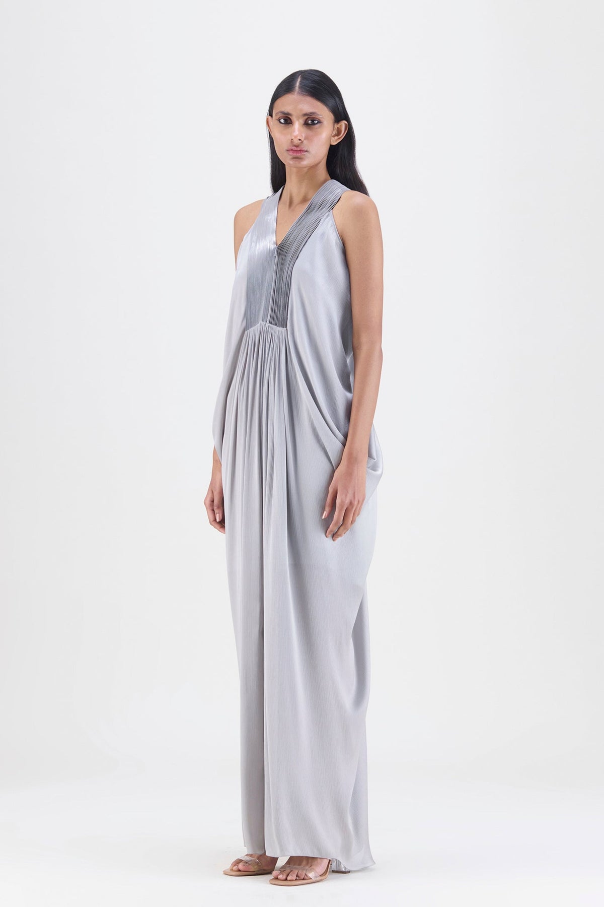 Structured Plisse Gown in Steel