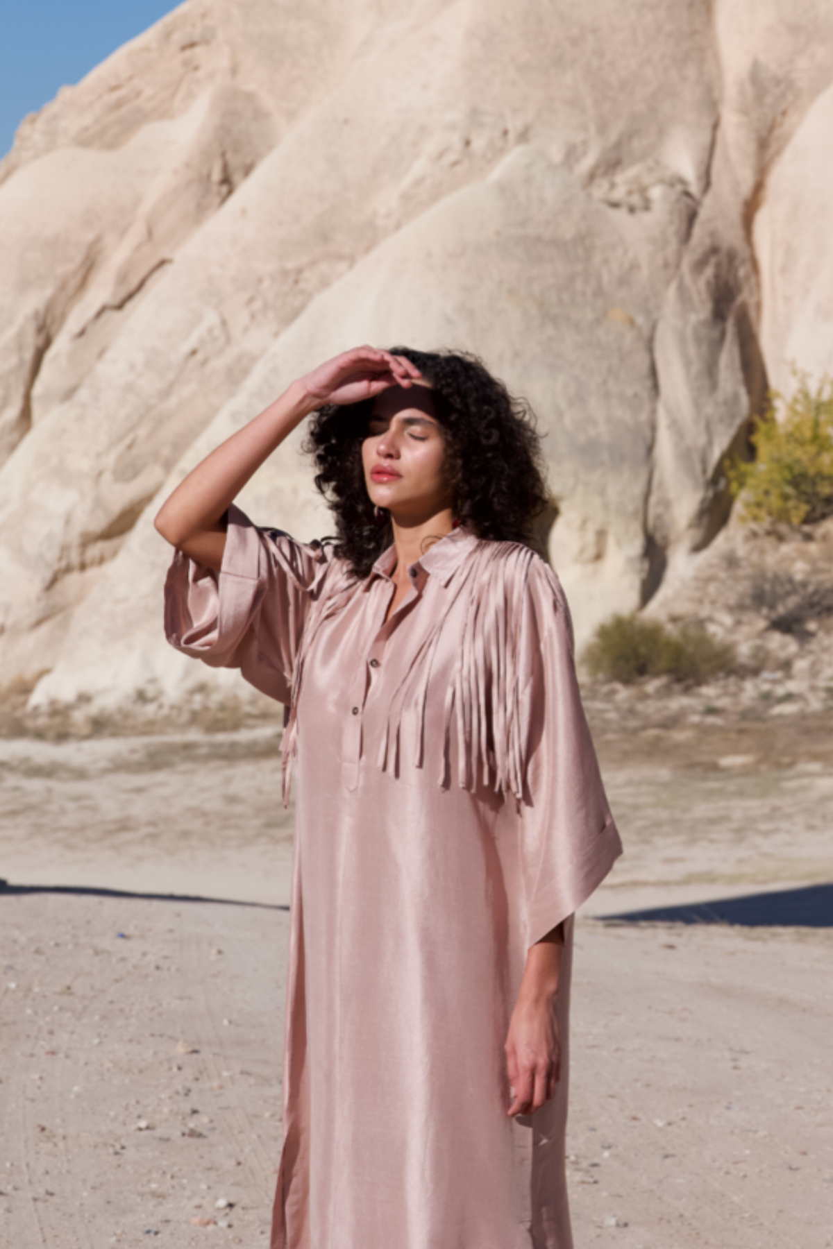 Rosegold Boxy Kaftan With Fringes