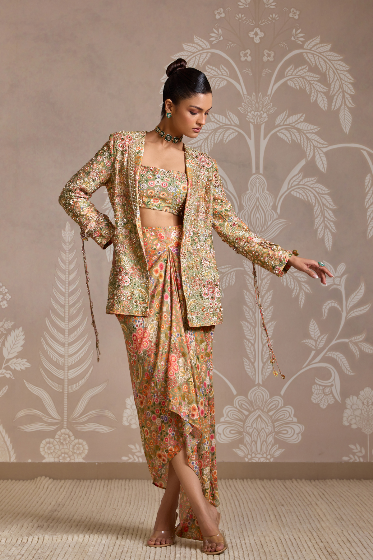 Olive Green Print Jacket Set