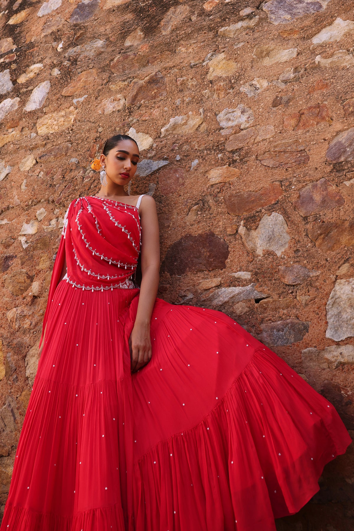 Disha Embellished Blouse with Tiered Lehenga