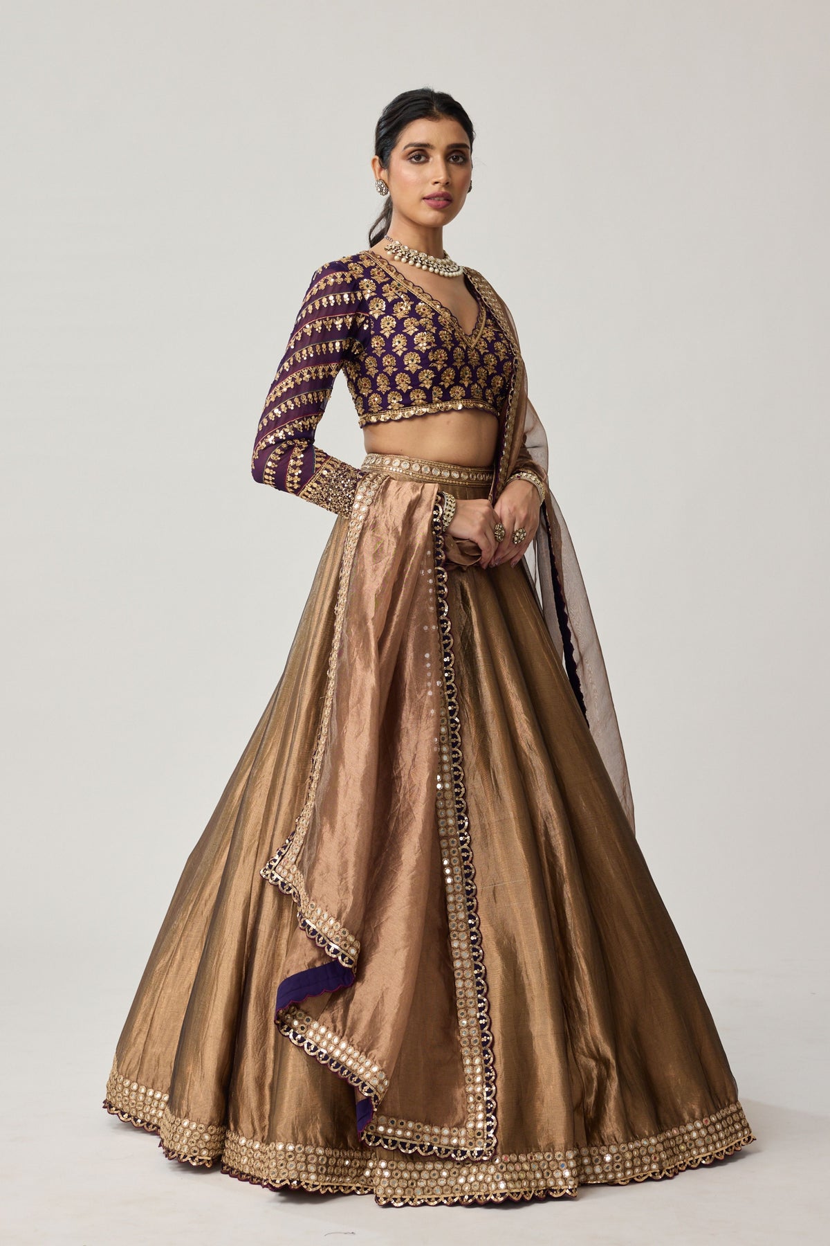 Copper Tissue Mughal Lehenga Set