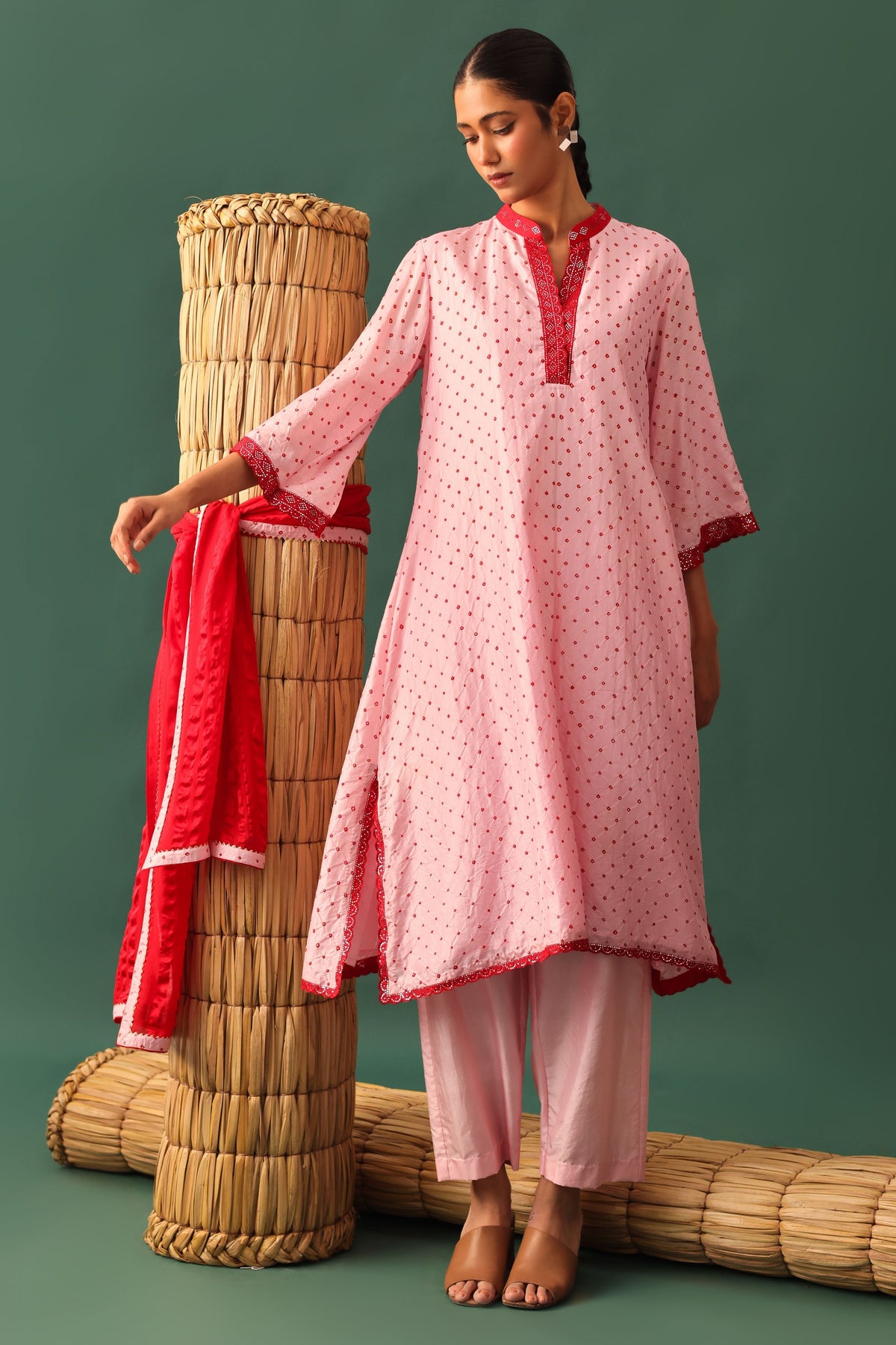 Pink Bandhani Mirror Work Kurta Set