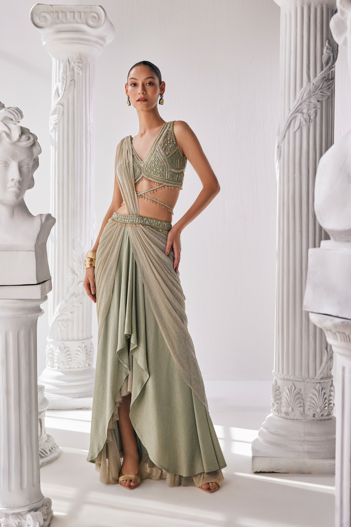 Jade Green Drape Saree Set