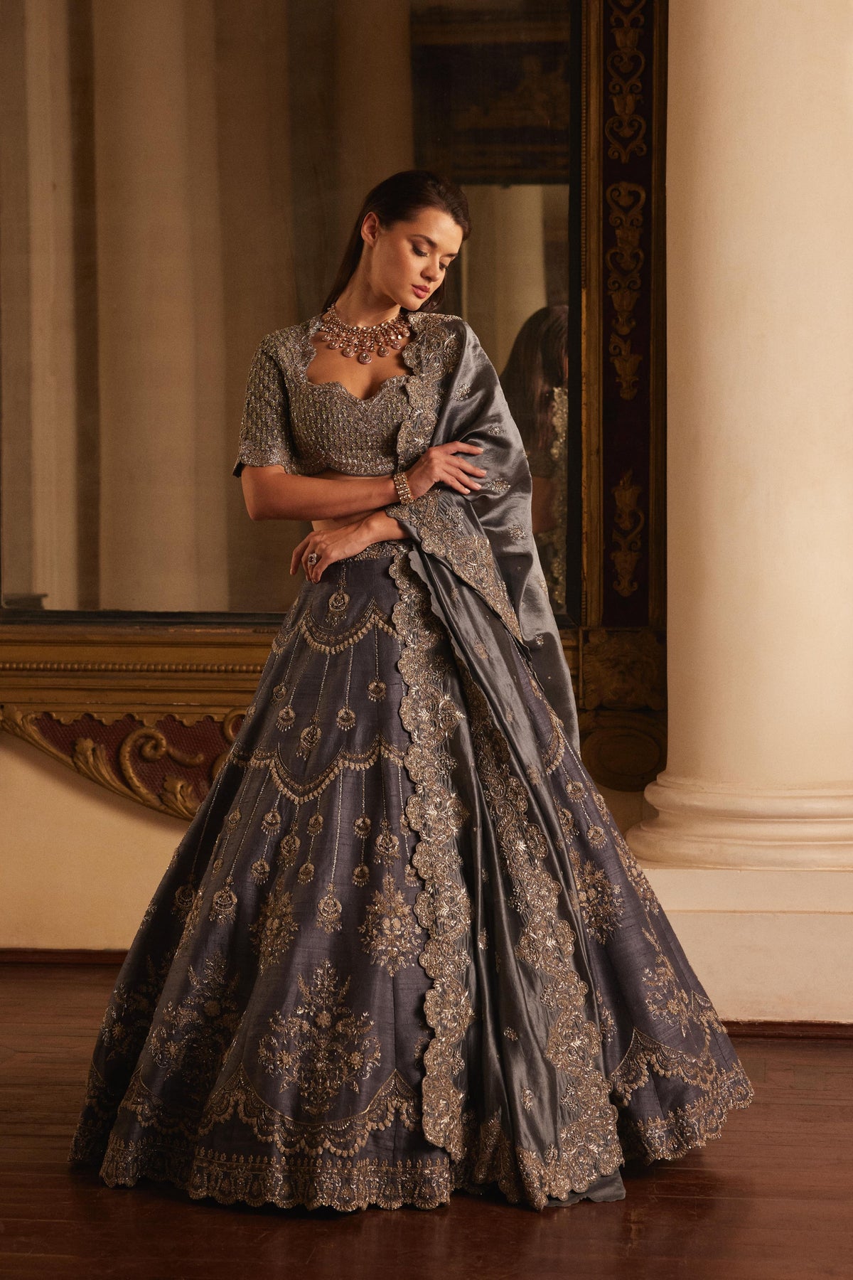 Teal Grey Embroidered Lehenga Set