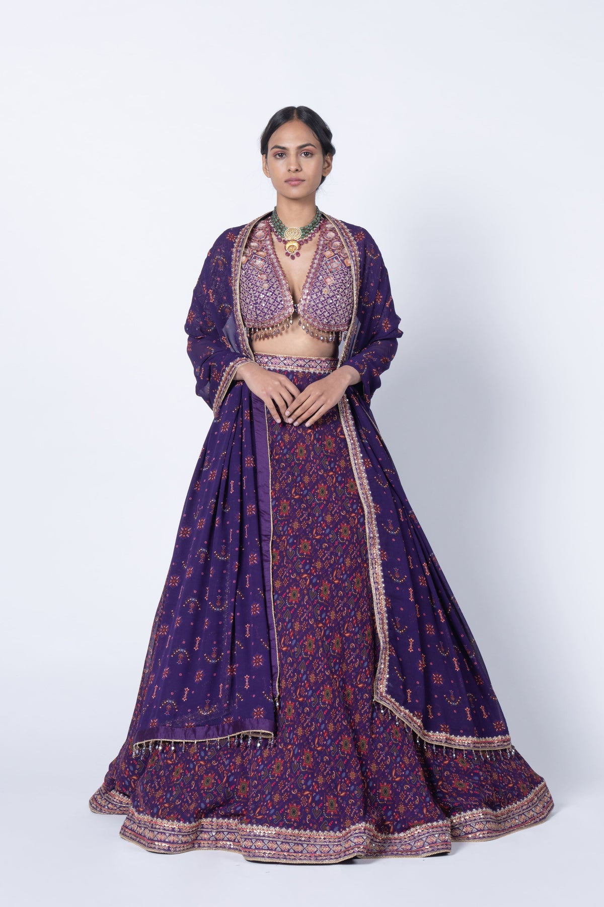 Purple Hand Embroidered and Printed Lehenga