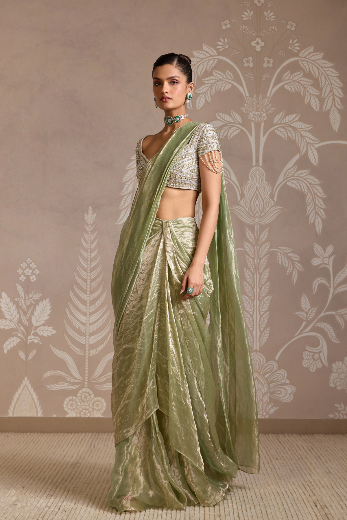 Mint Gold Drape Saree Set