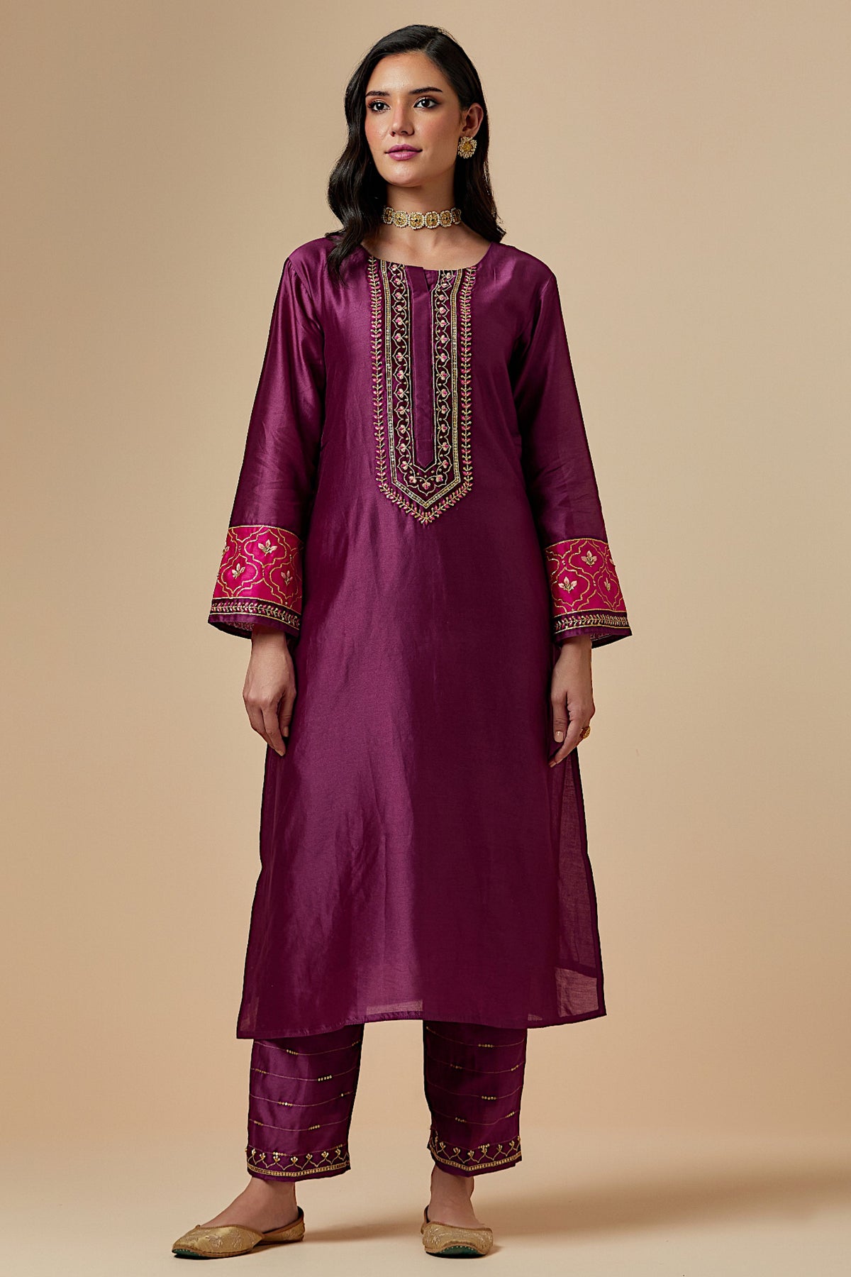 Wine Silk A-line Kurta