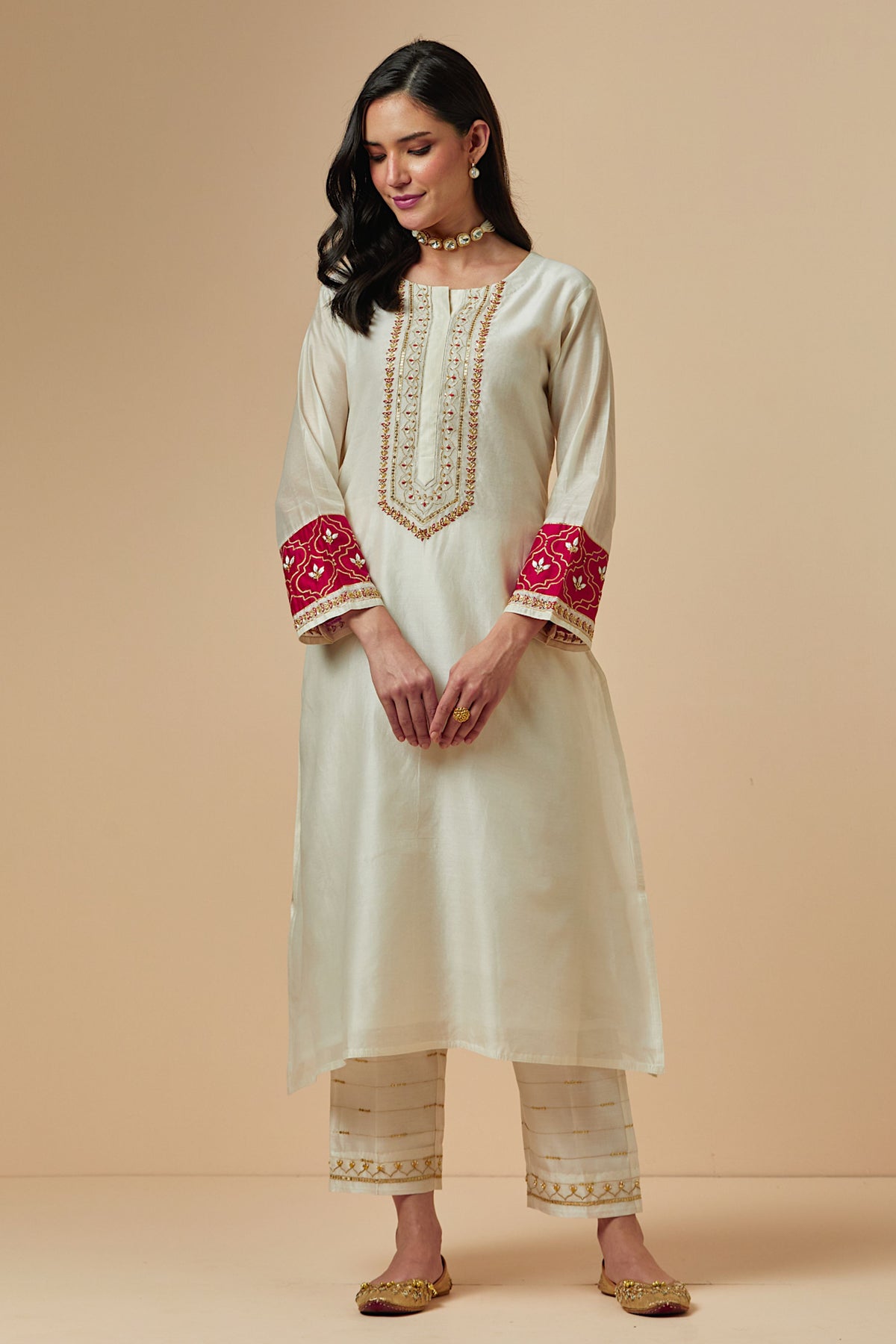 Off White Silk A-line Kurta