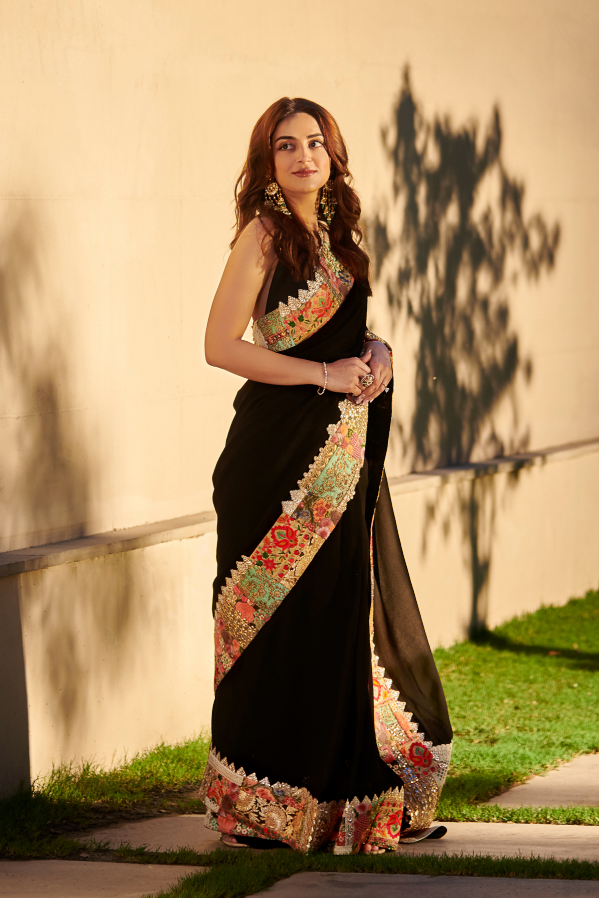 Black multi patch embroidered saree set