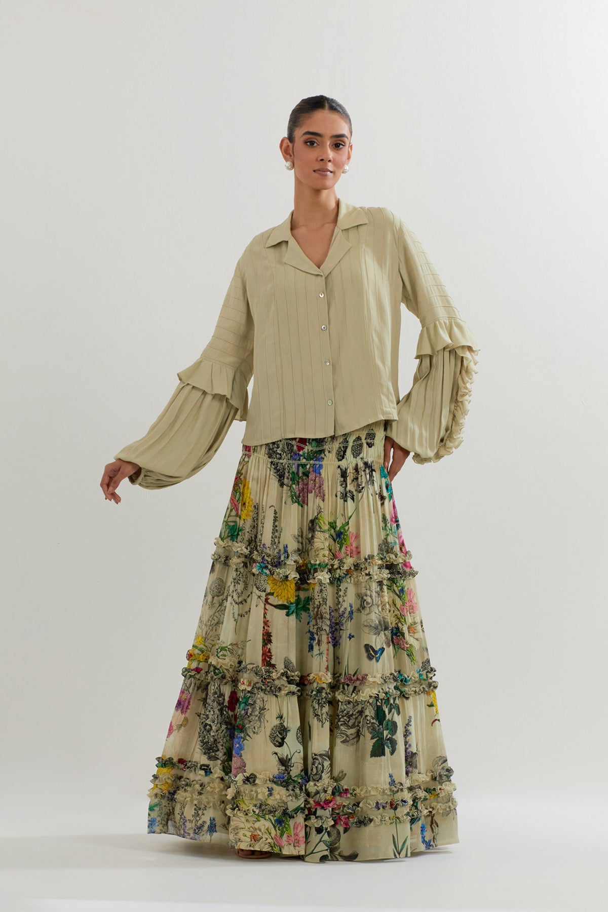 Botanical Printed Skirt With Ruffle Shirt