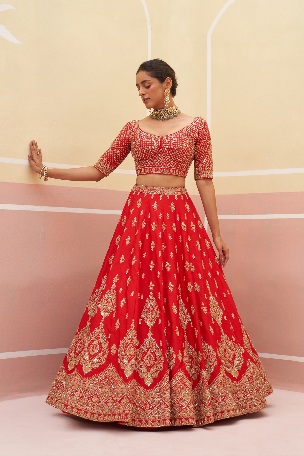 Embroidered Red Raw Silk Lehenga Set