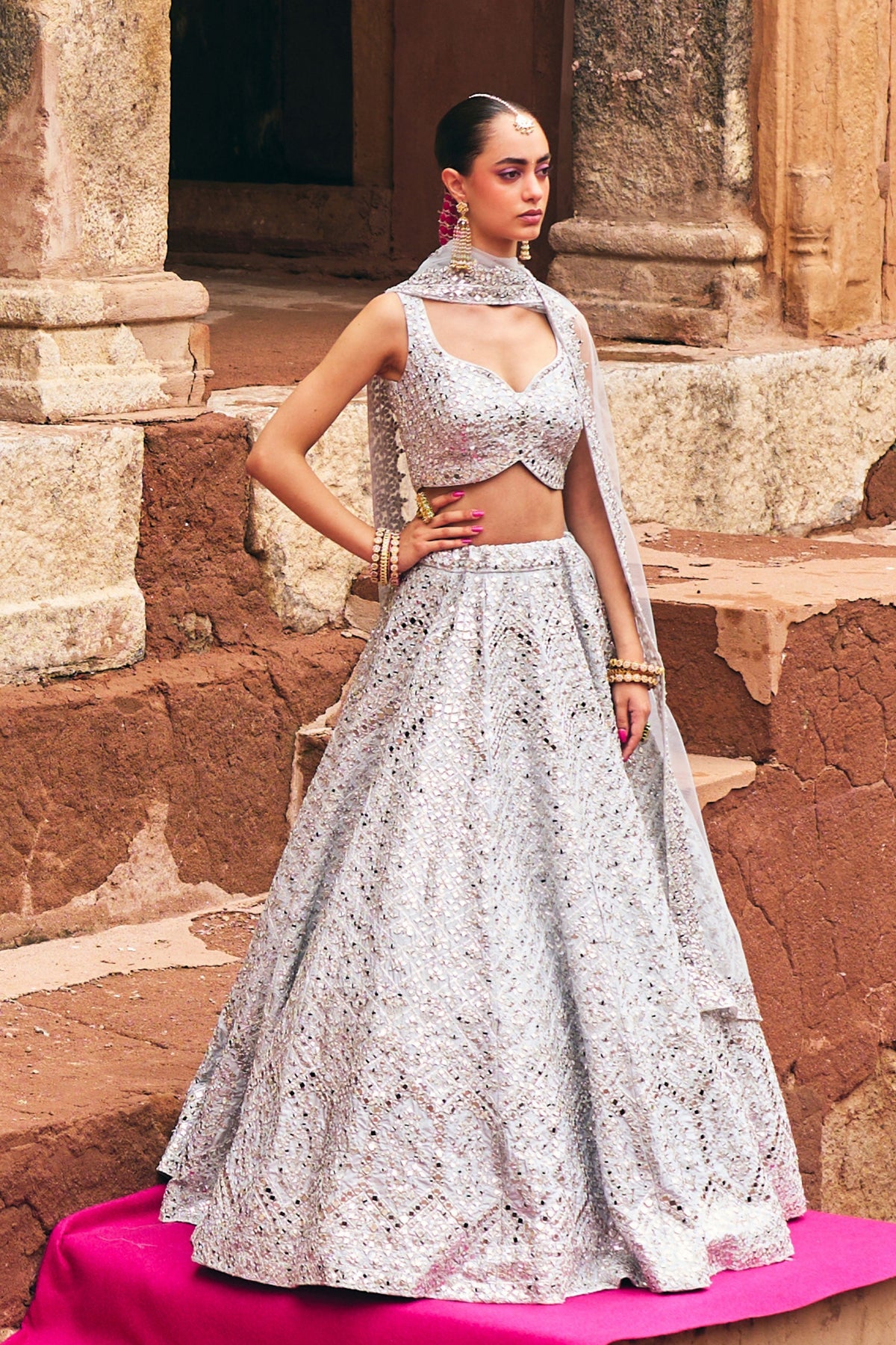 Ice Grey Raw Silk Lehenga Set