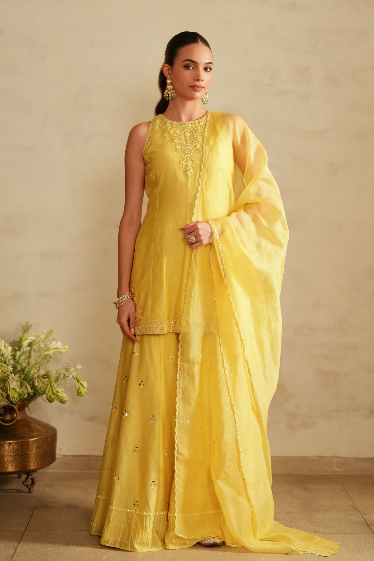 Yellow Princess Cut Top Sharara Set
