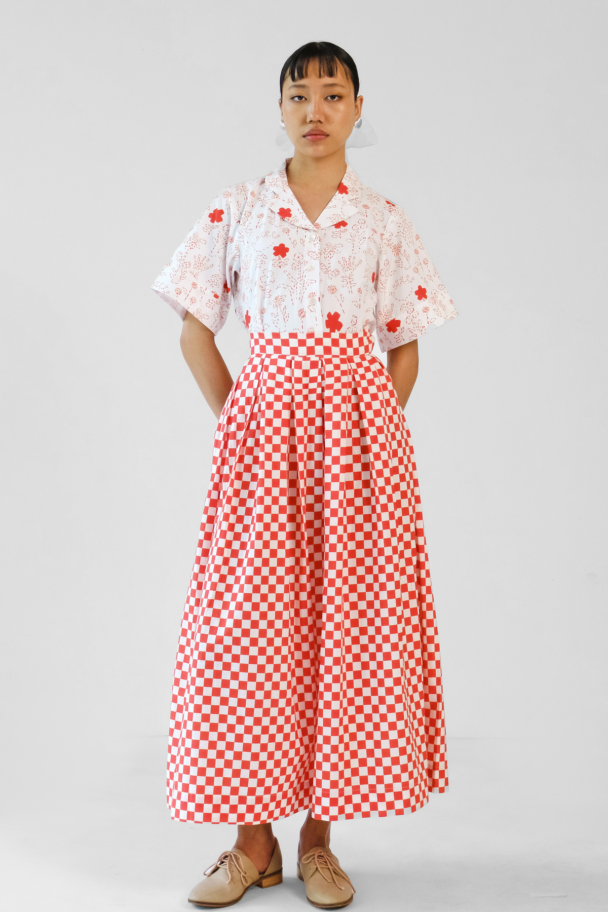 Red Checks Printed Skirt Set