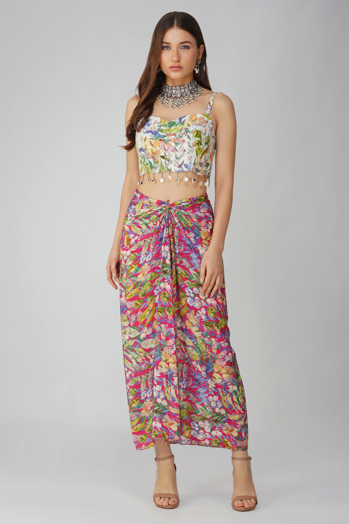 Multi Leaf Print Drape Skirt Set