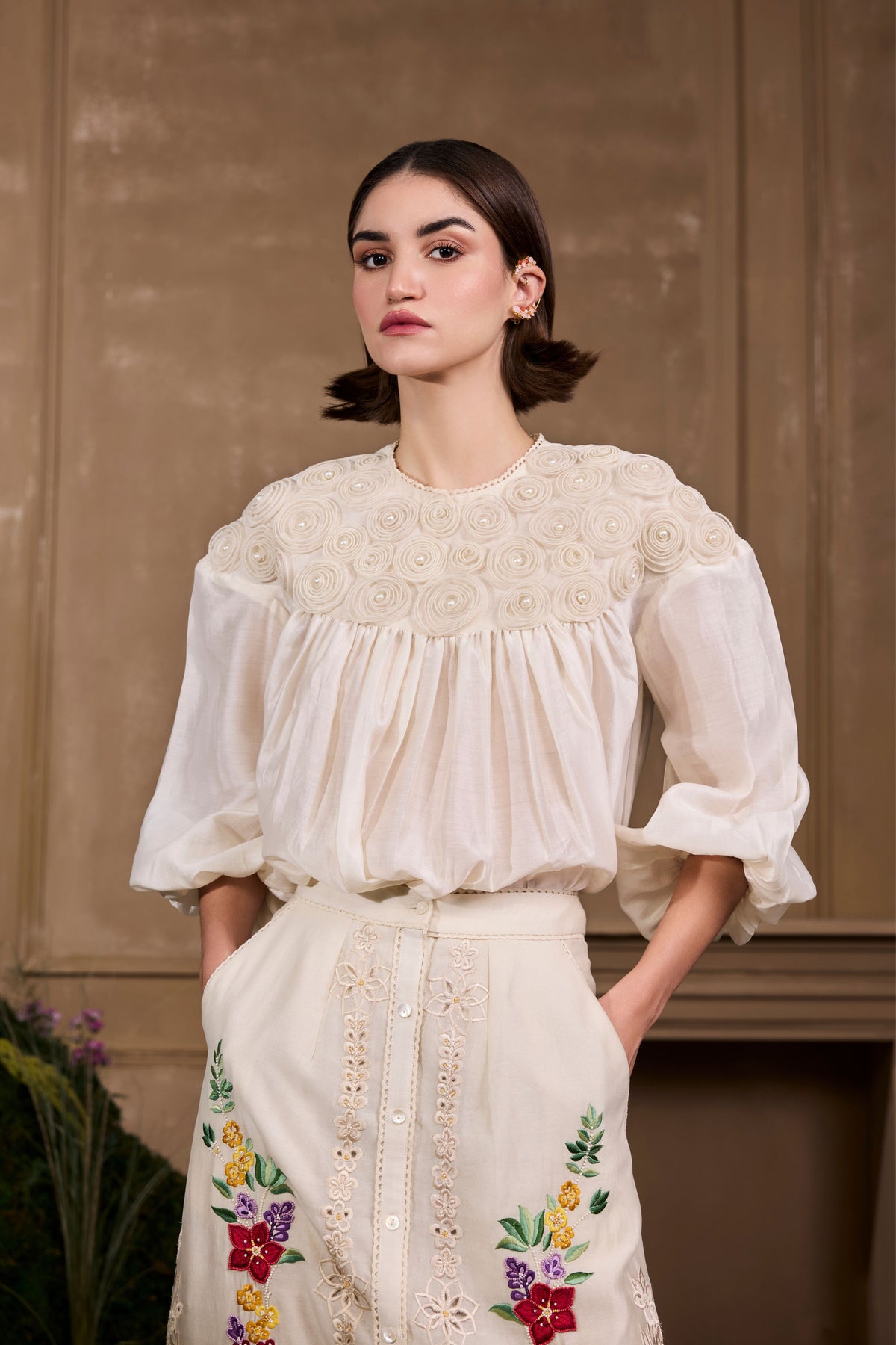Ivory Floral Embroidered Buttondown Skirt