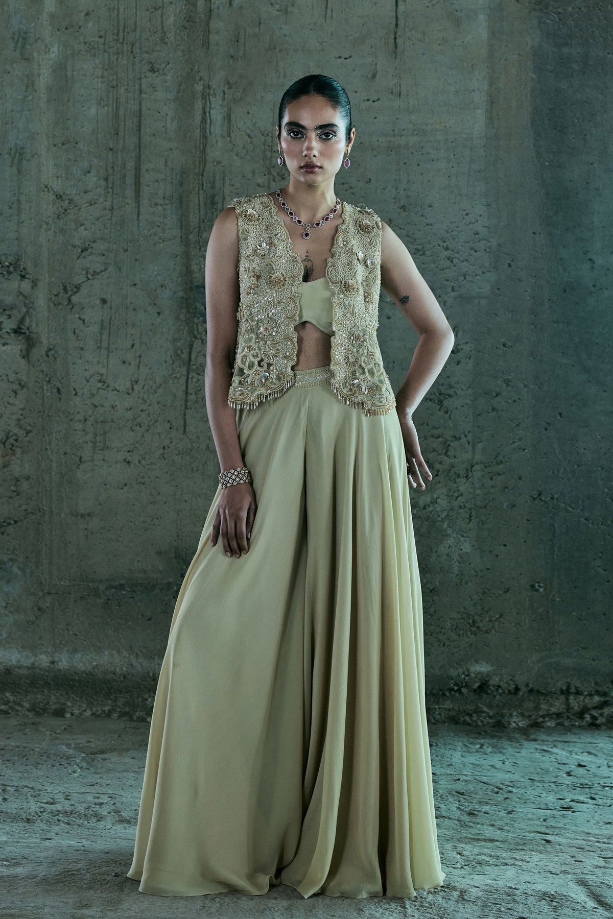 Beige Waistcoat Jacket With Pants