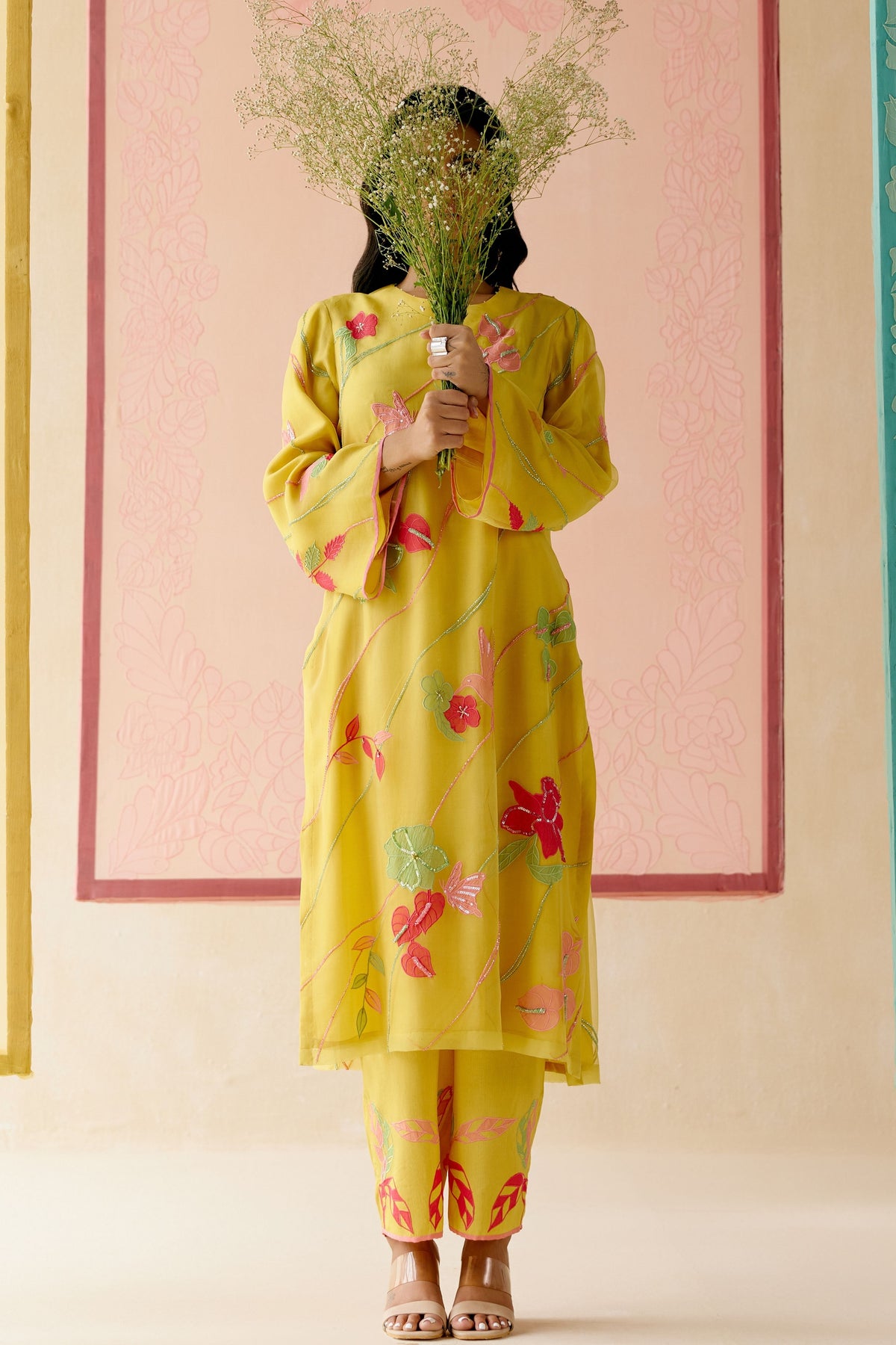 Mustard Floral Applique Kurta Set
