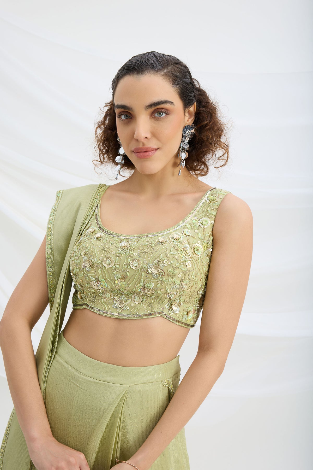Sage Green Drape Saree Set
