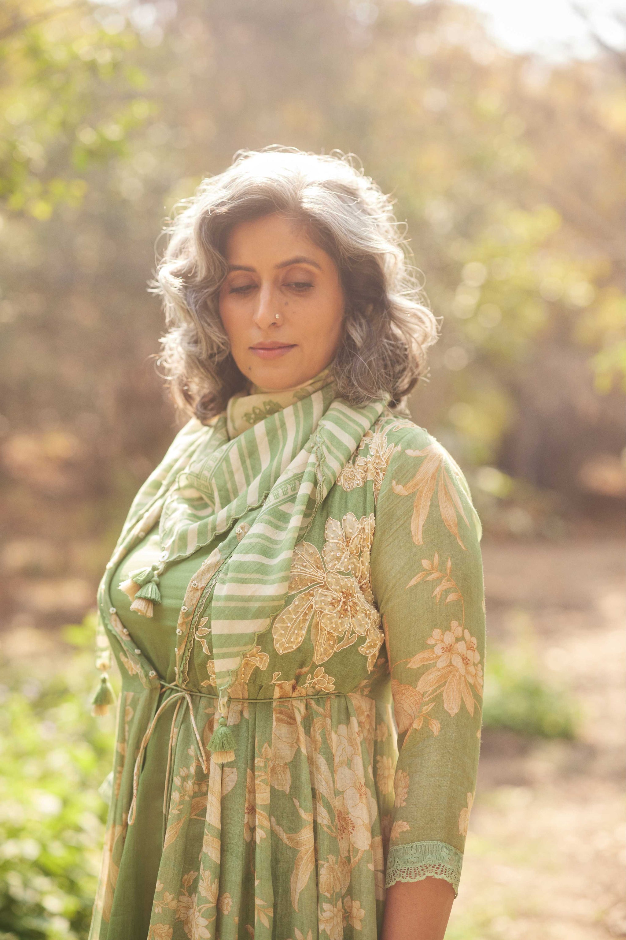 Paulmi and Harsh Forest Green Printed Chanderi Wrap Dress M Paulmi and Harsh Forest Green Printed Chanderi Wrap Dress M