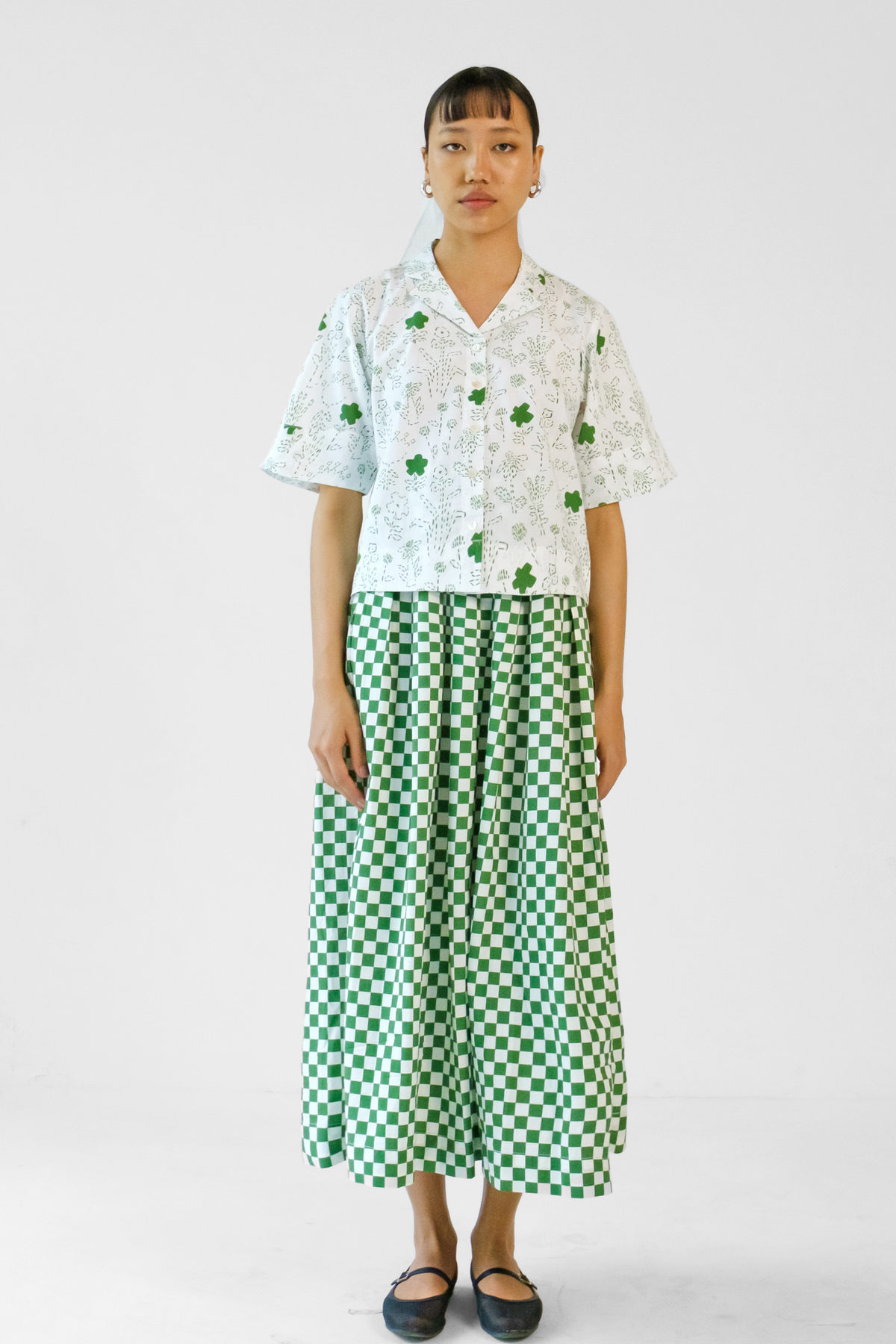 Green Checks Printed Skirt Set