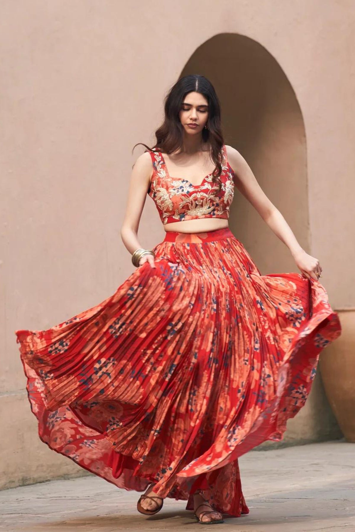 Red Moroccan Pleated Skirt Set