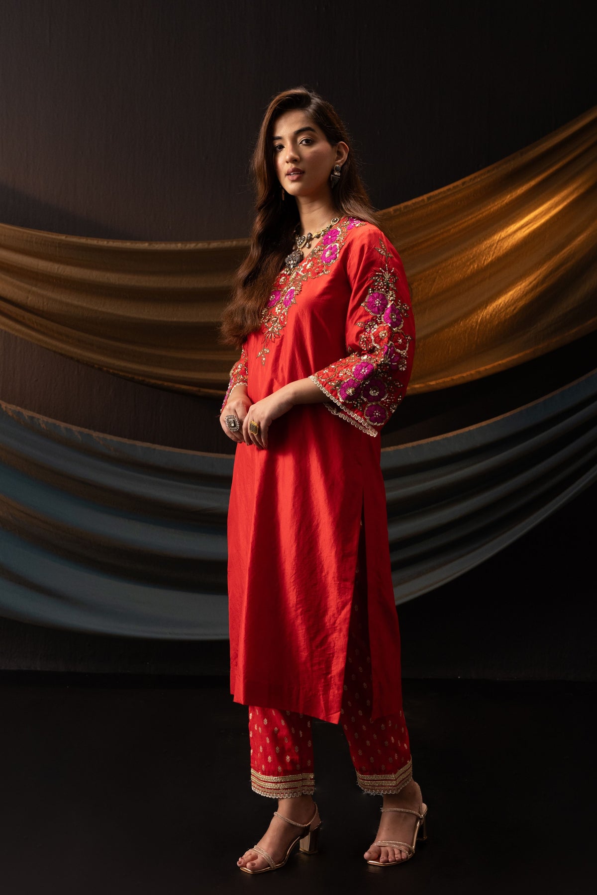 Red 3D Floral Kurta Set