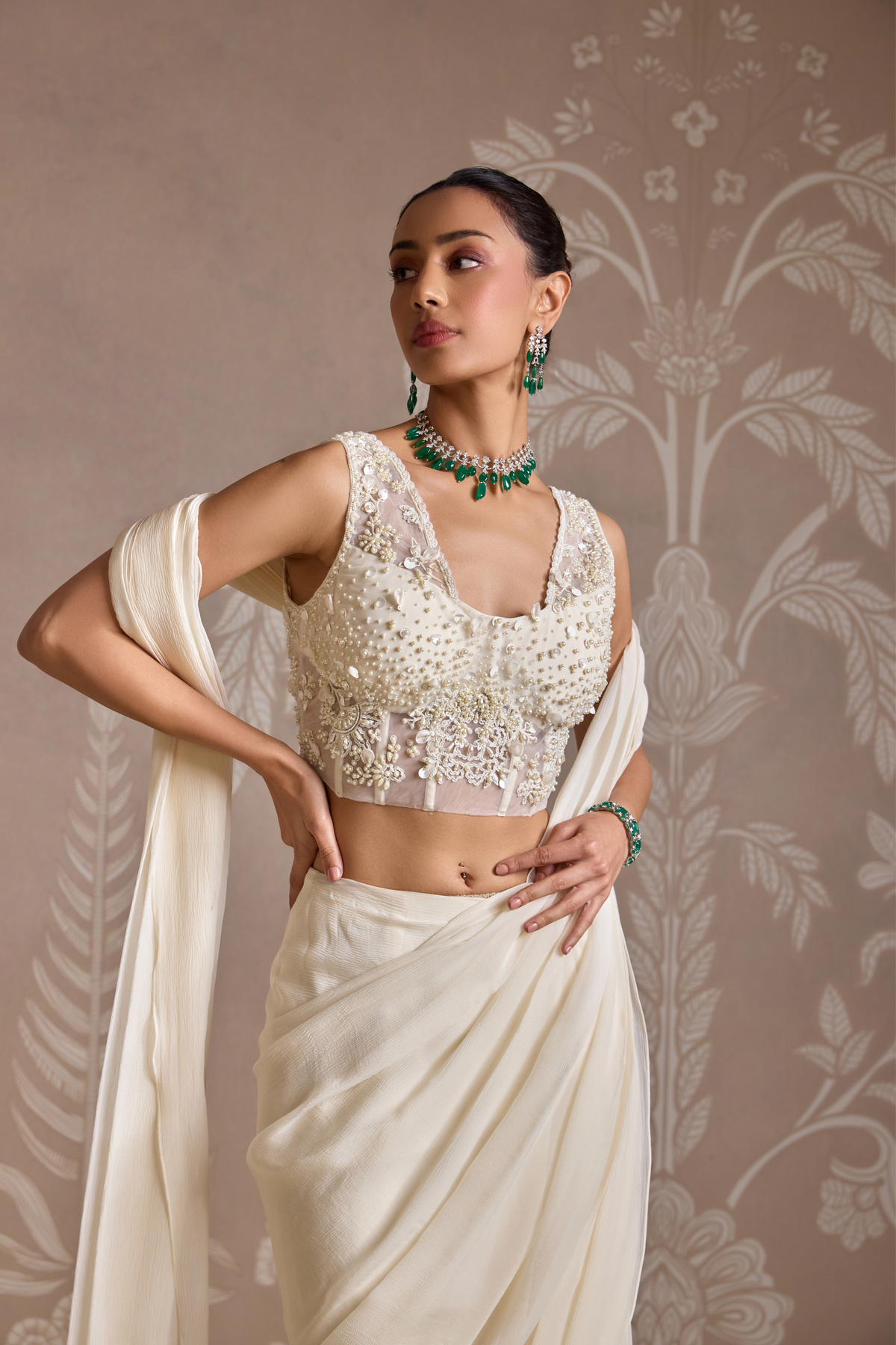 Ivory Embroidered Drape Saree Set