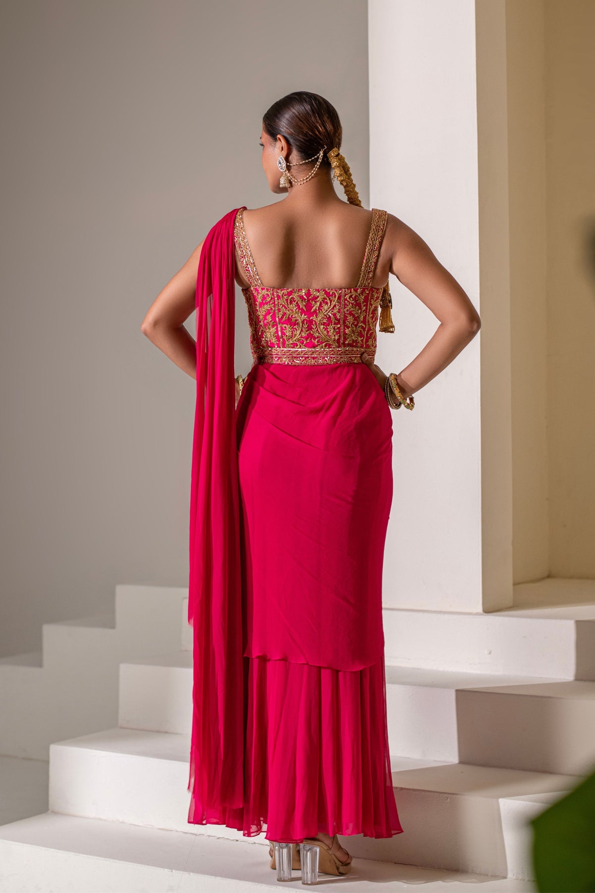 Fuchsia Pink Corset Saree Set