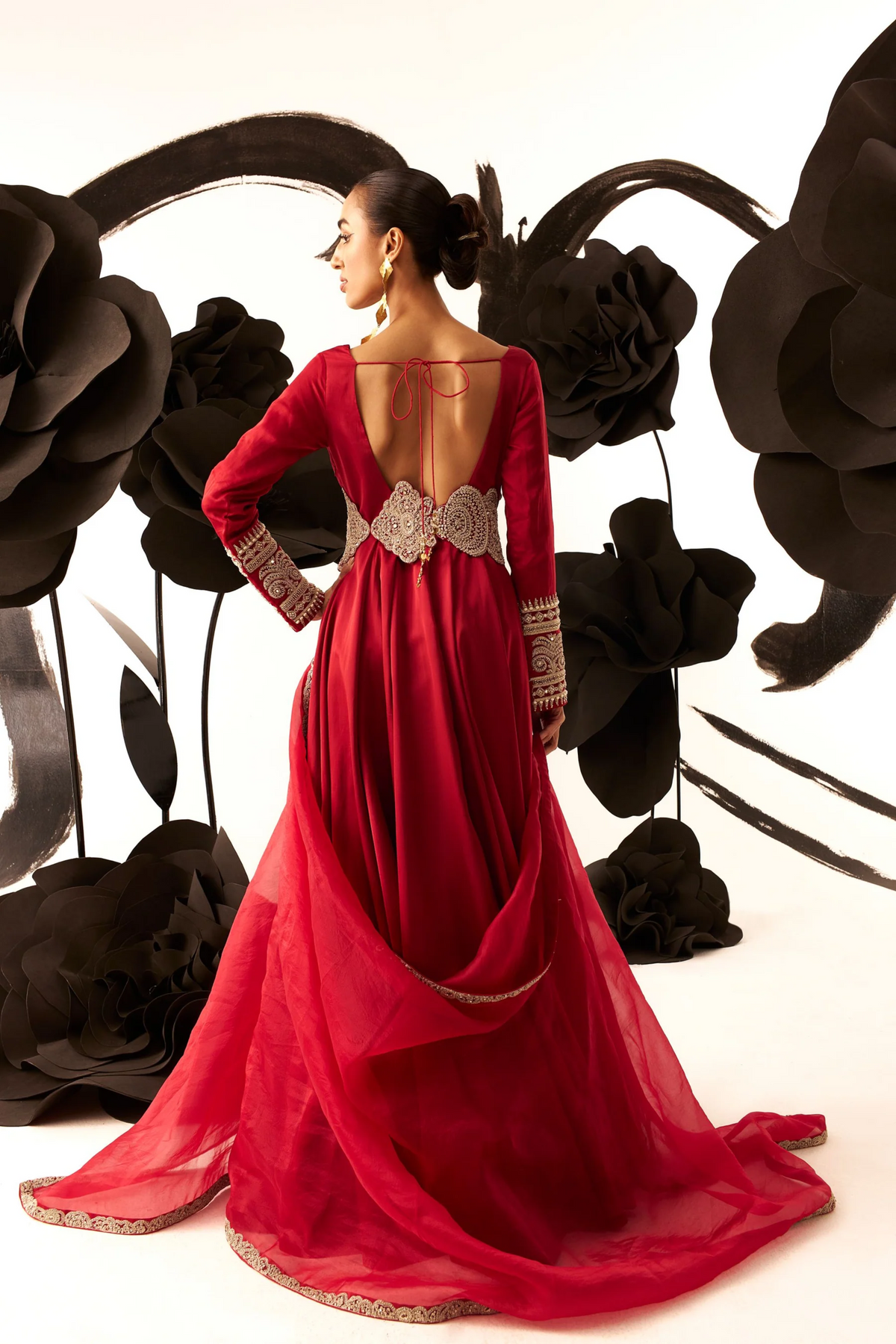 Retro Red Belted V-neck Anarkali