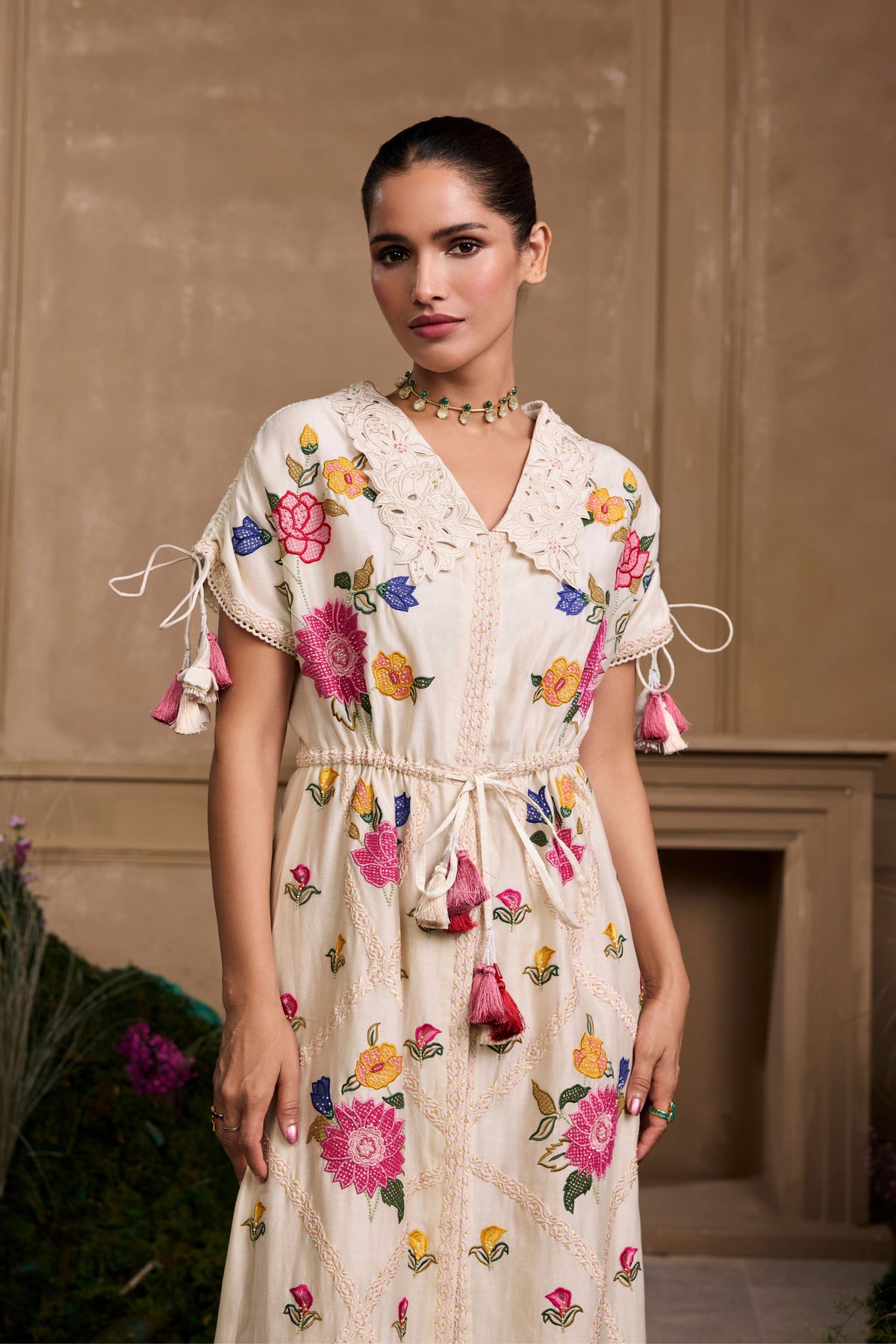Ivory Threadwork Floral Shirt Dress