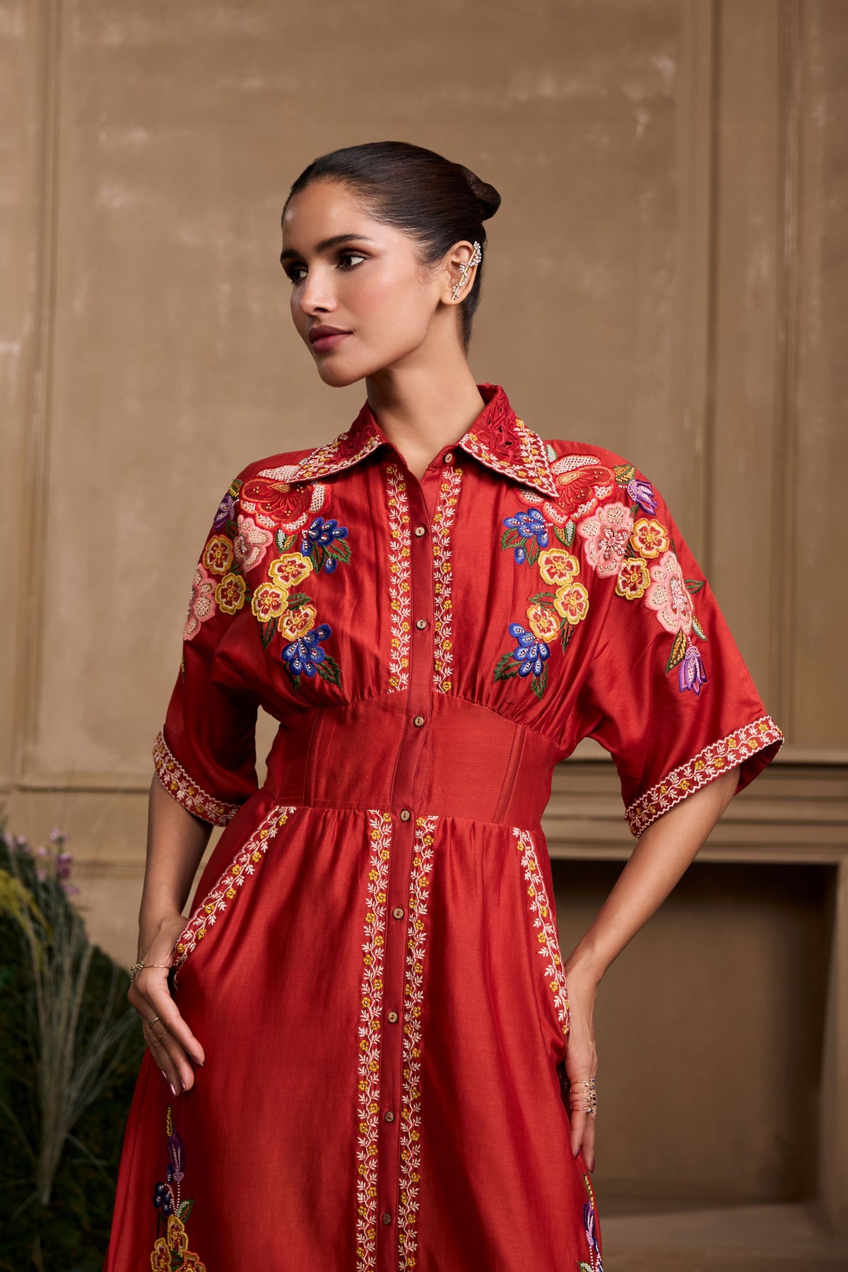 Red Embroidered Shirt Dress