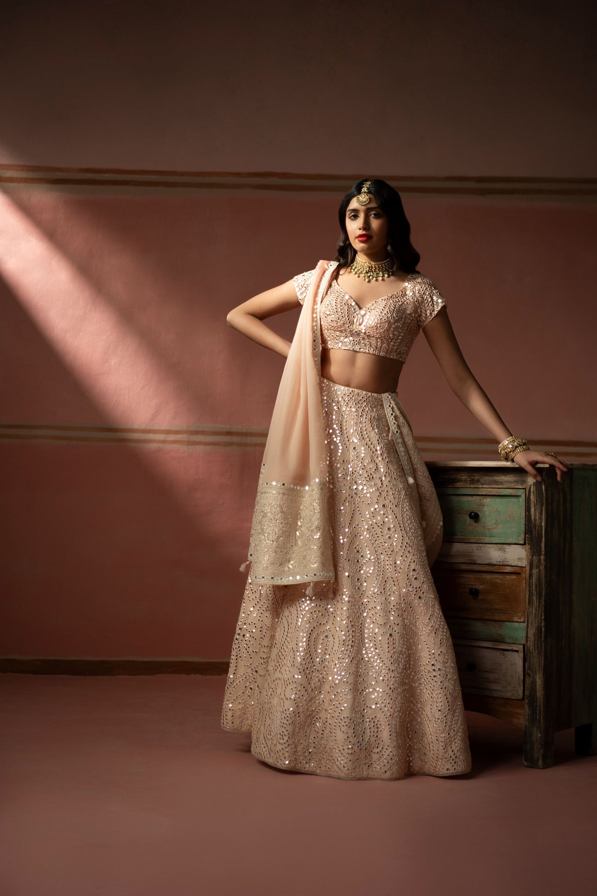 Blush Peach Mirrorwork Lehanga Set