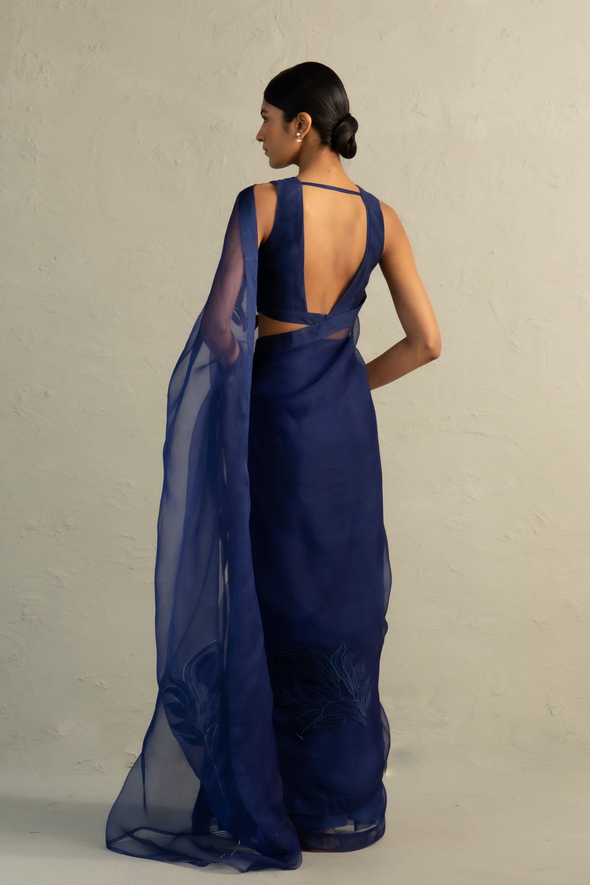 Blue Organza Applique Saree Set