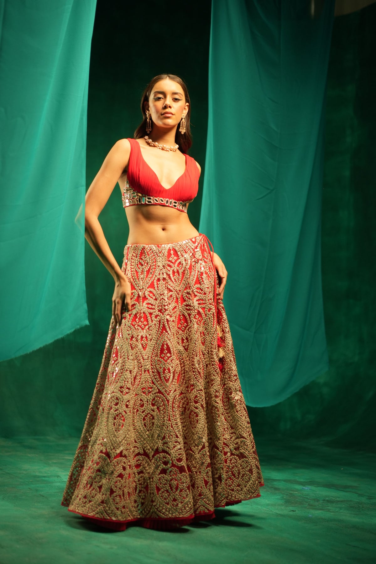Red Mirrorwork Lehanga Set
