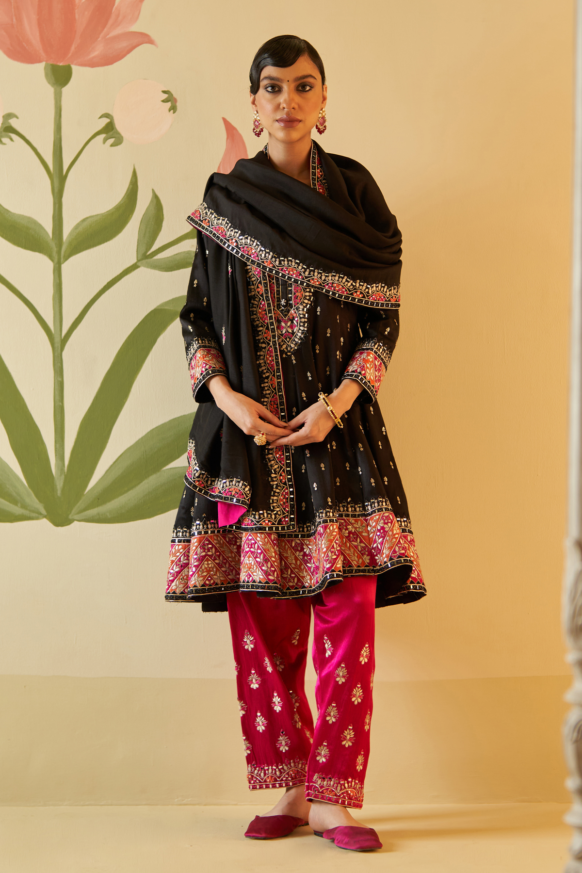 Black Satin Silk Anarkali Set