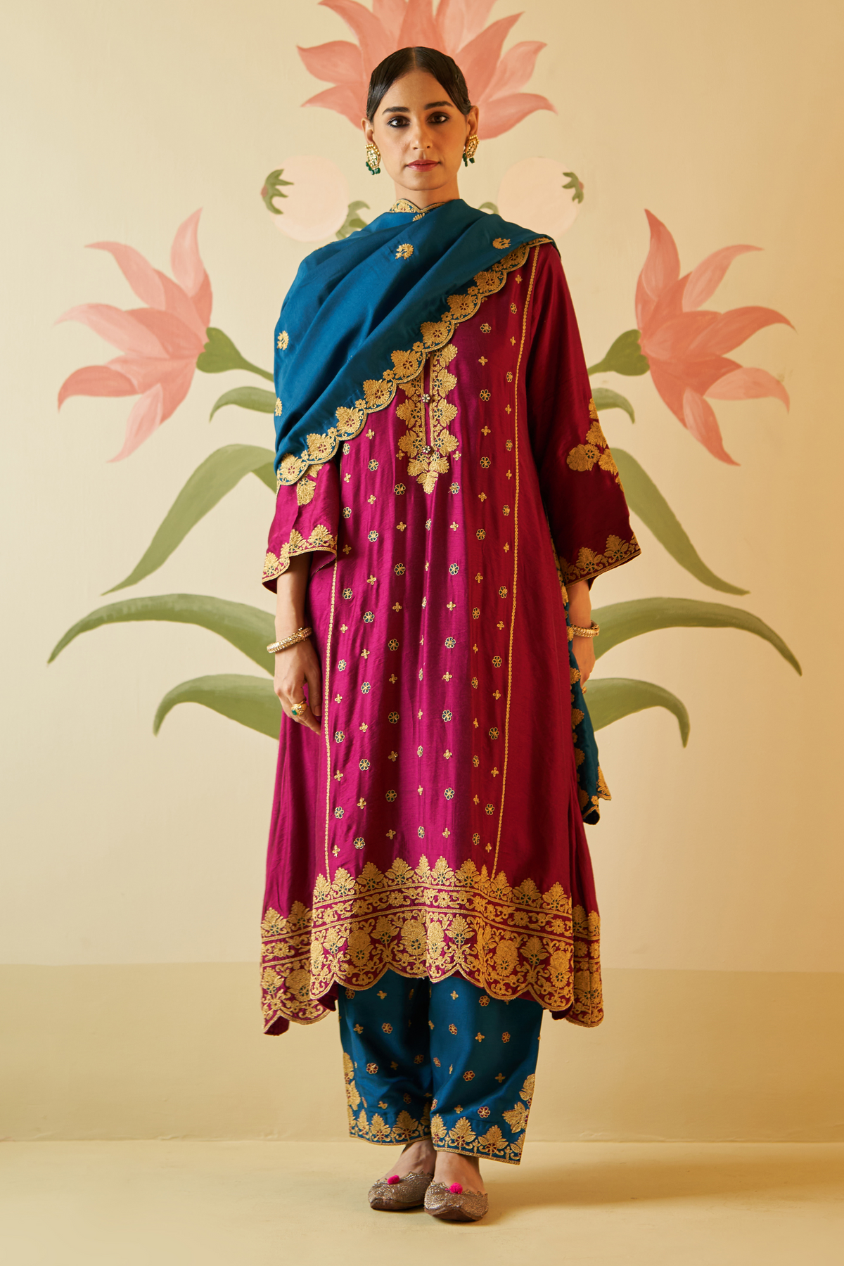 Wine Chanderi Silk Choga Set