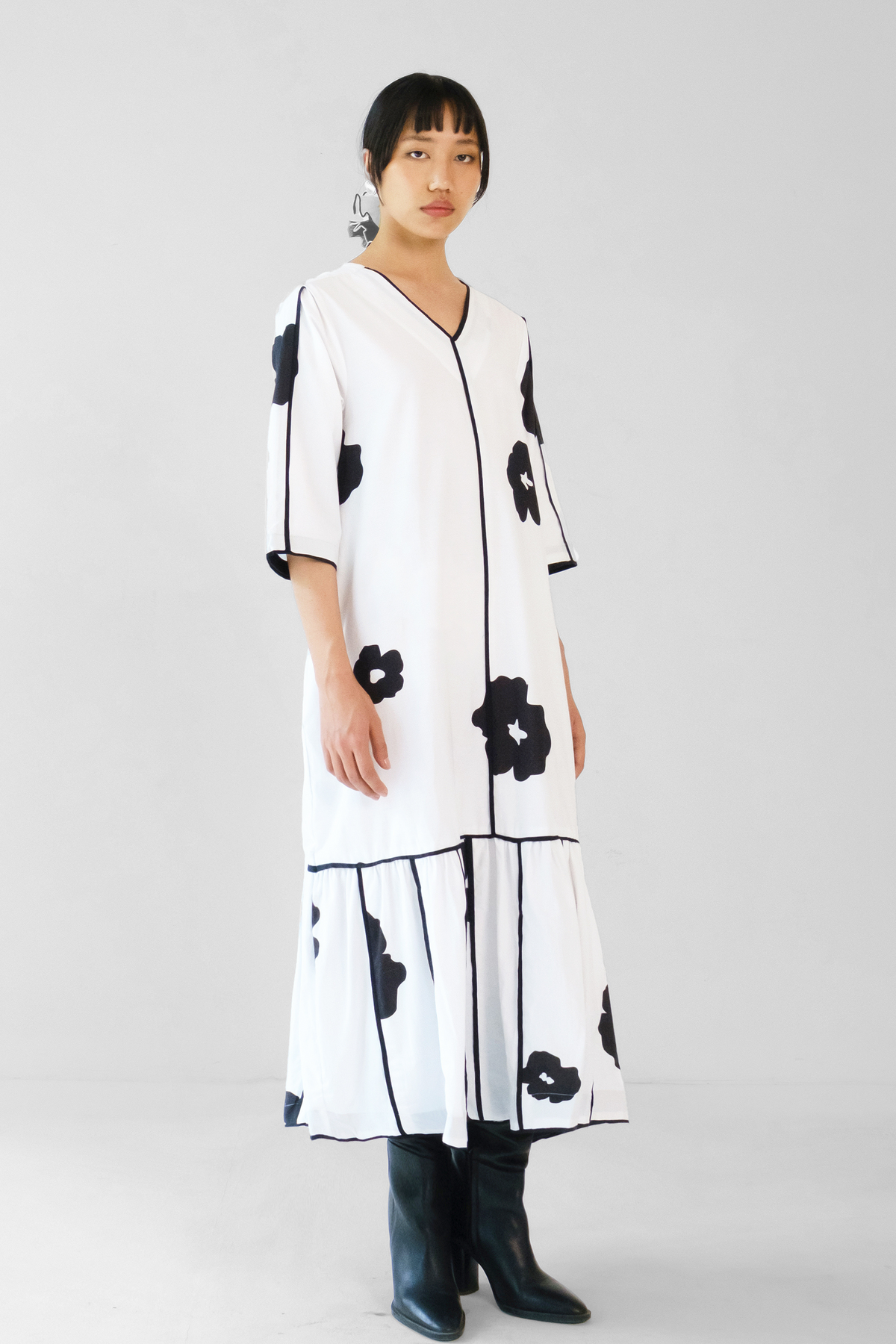 White Black Poppy Applique Dress