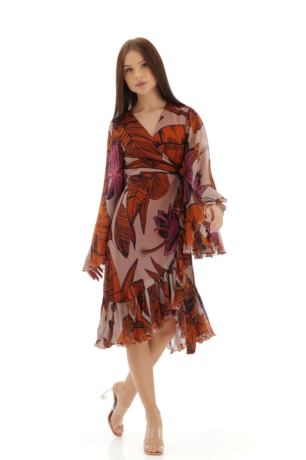Orange and Beige Wrap Dress