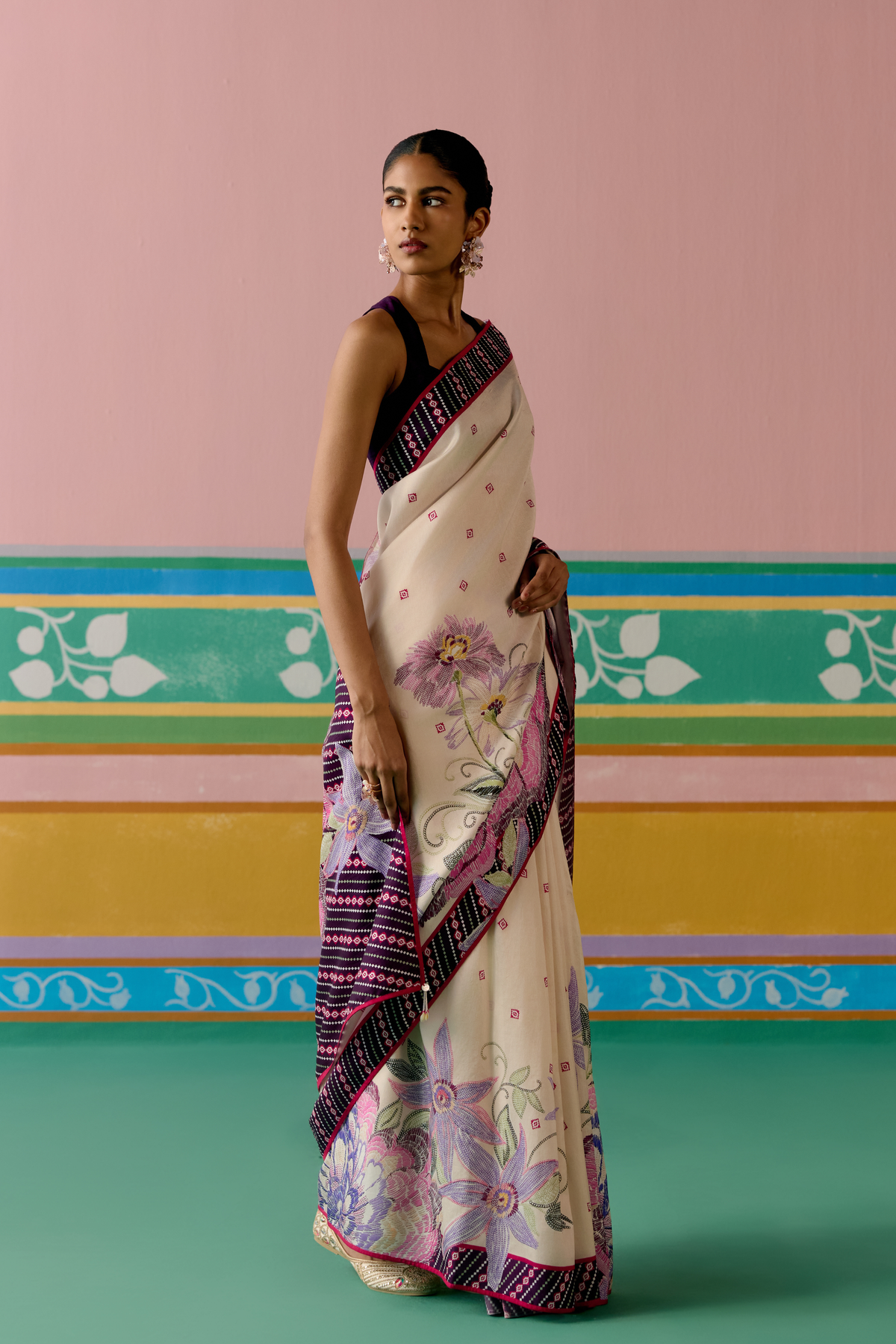 Ecru Purple Ikkat Saree