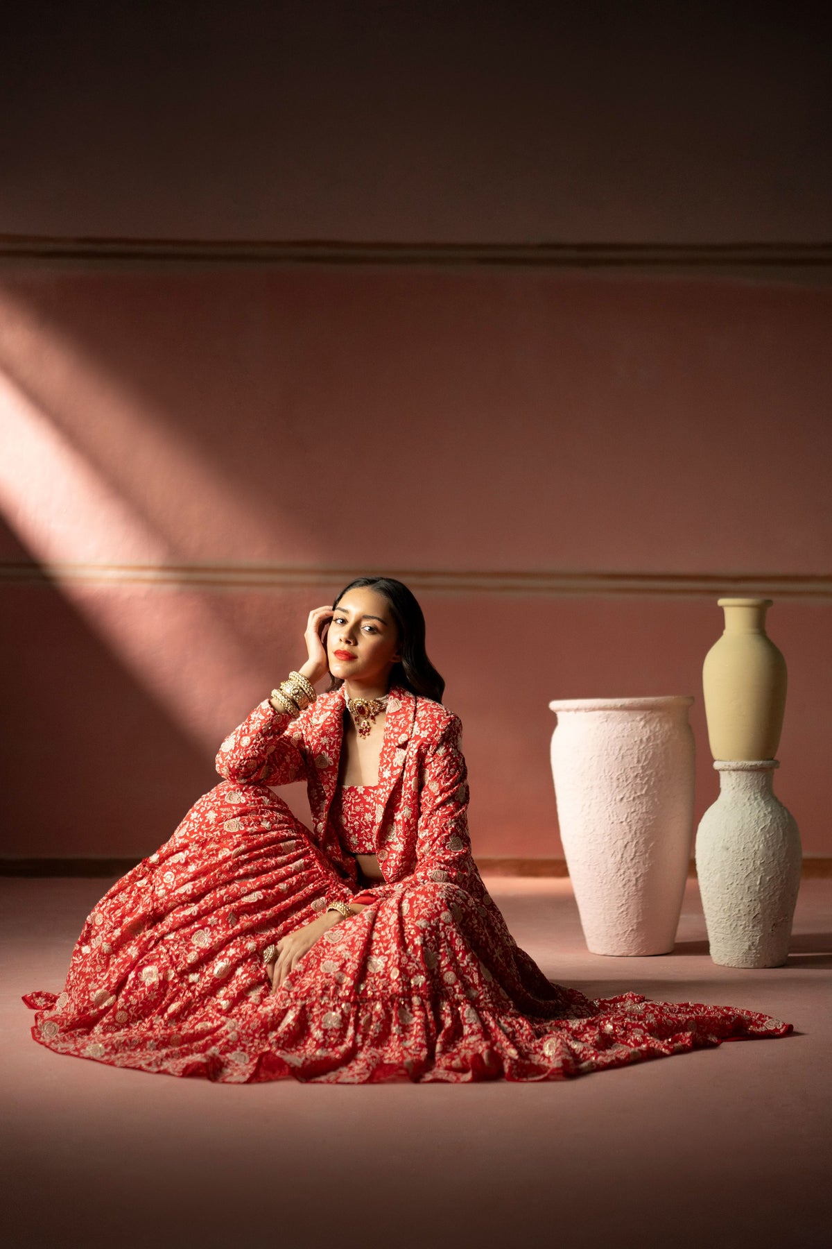 Red Chikankari Jacket Lehanga Set