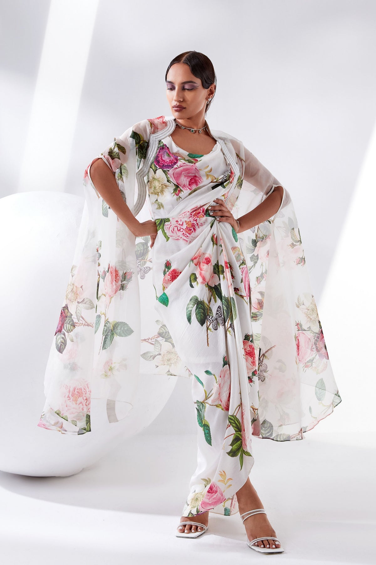 Rose Floral Dress with Cape
