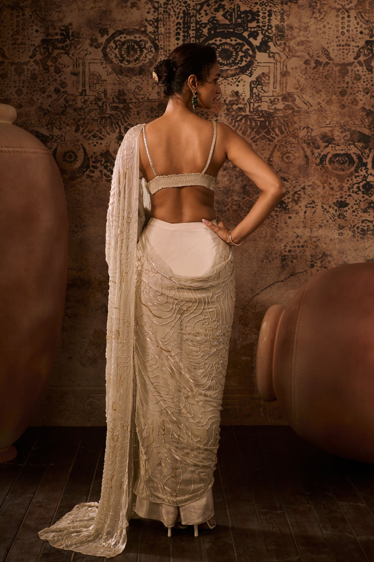 Chikoo Embroidered Blouse With Saree