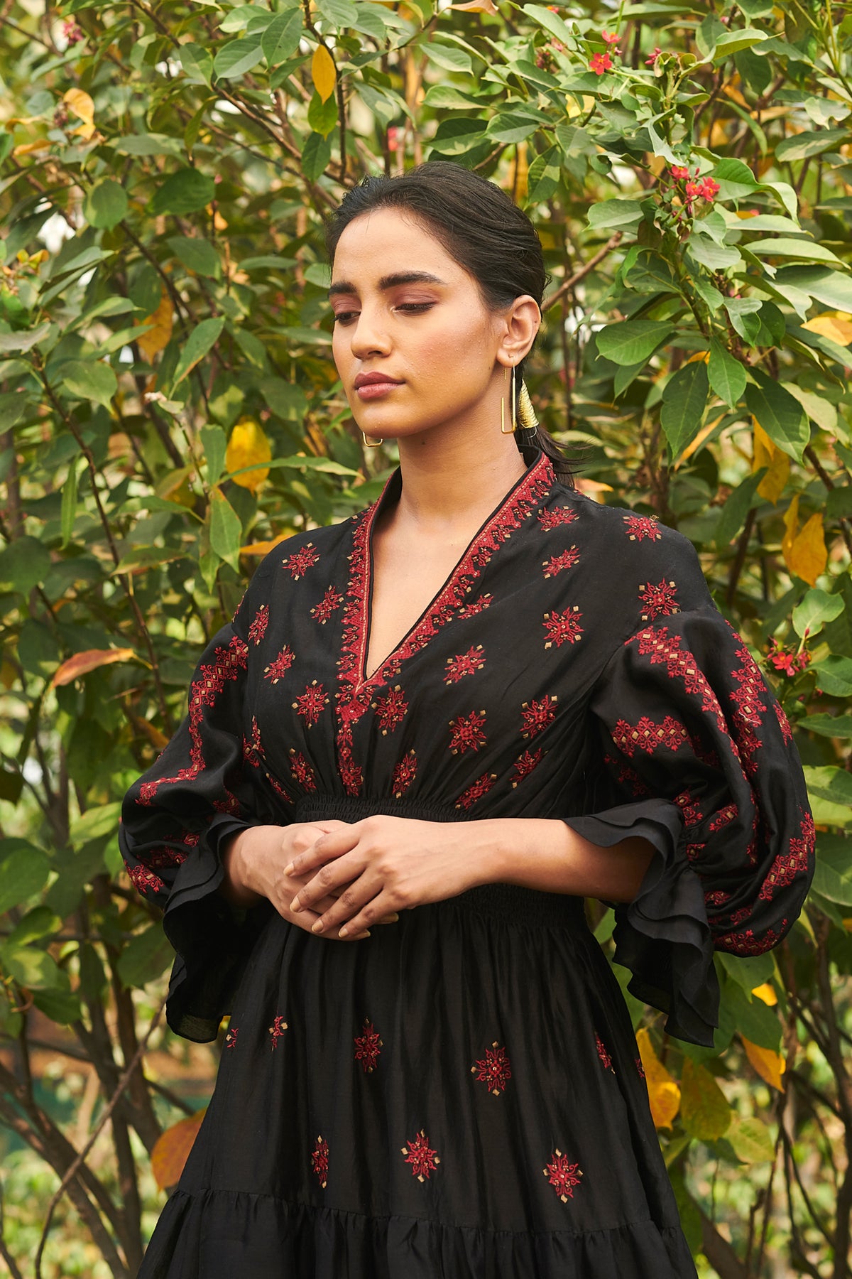 Black chanderi smocked midi dress