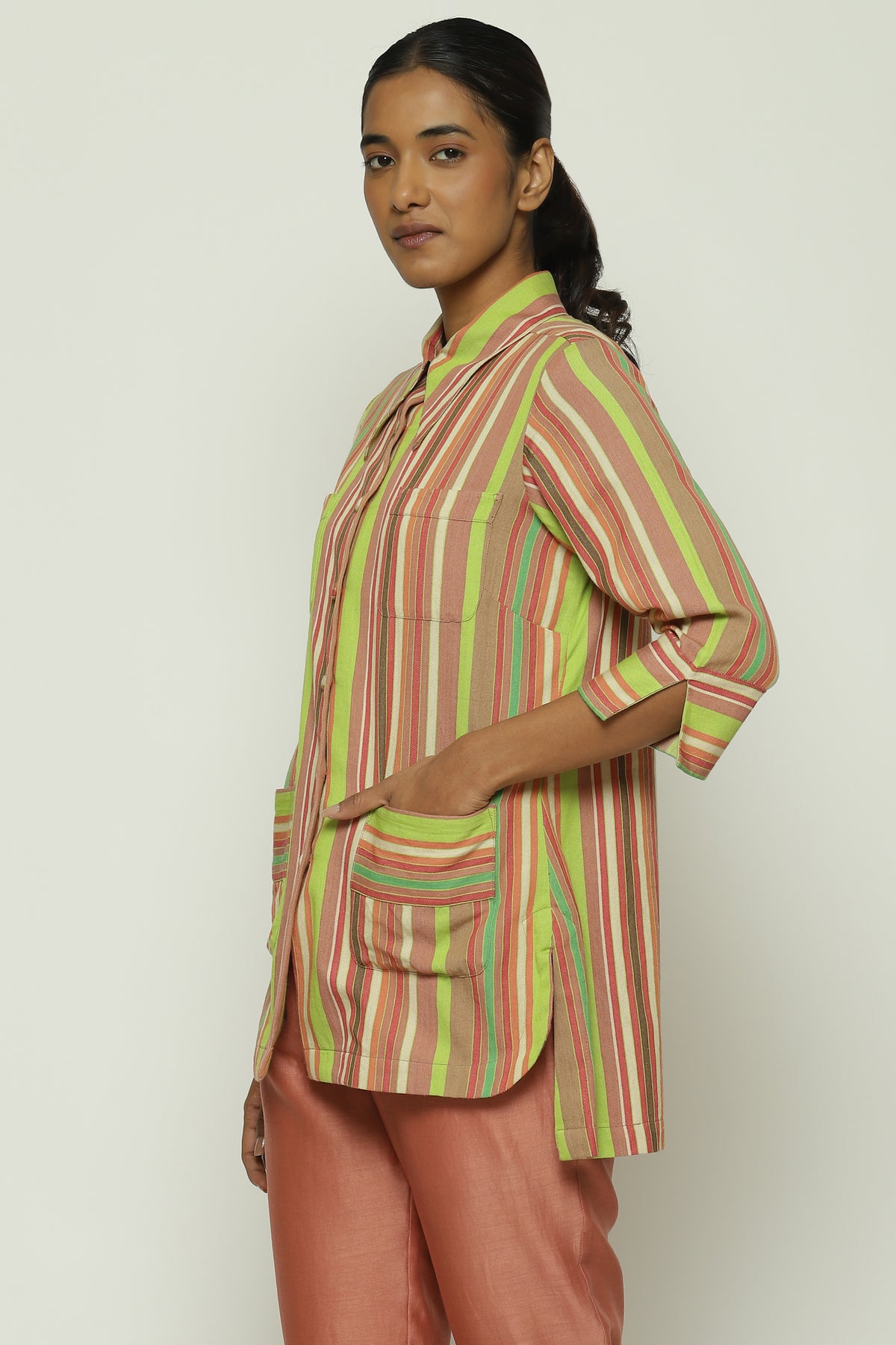 Green Multicolour Woven Stripes Shirt