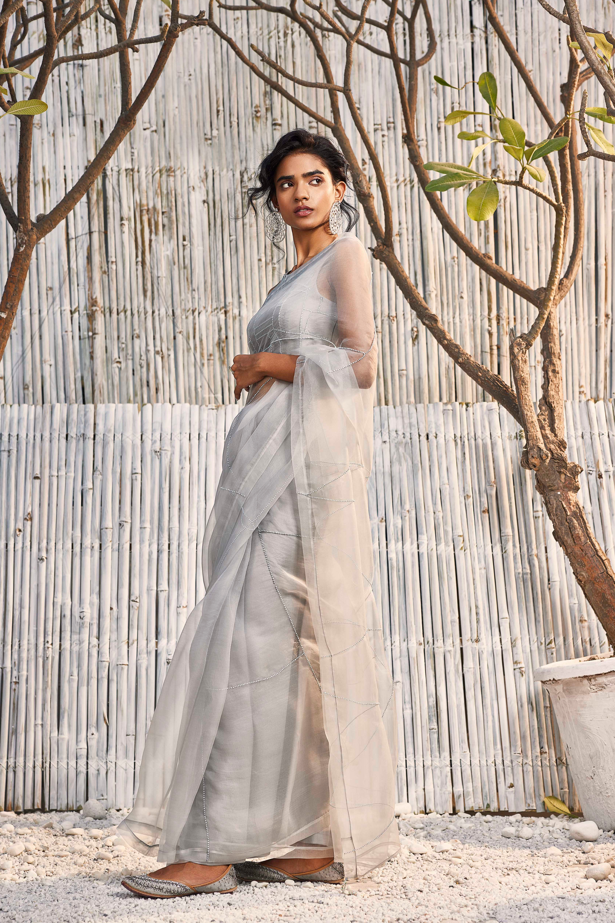 Steel Grey Organza Saree Set