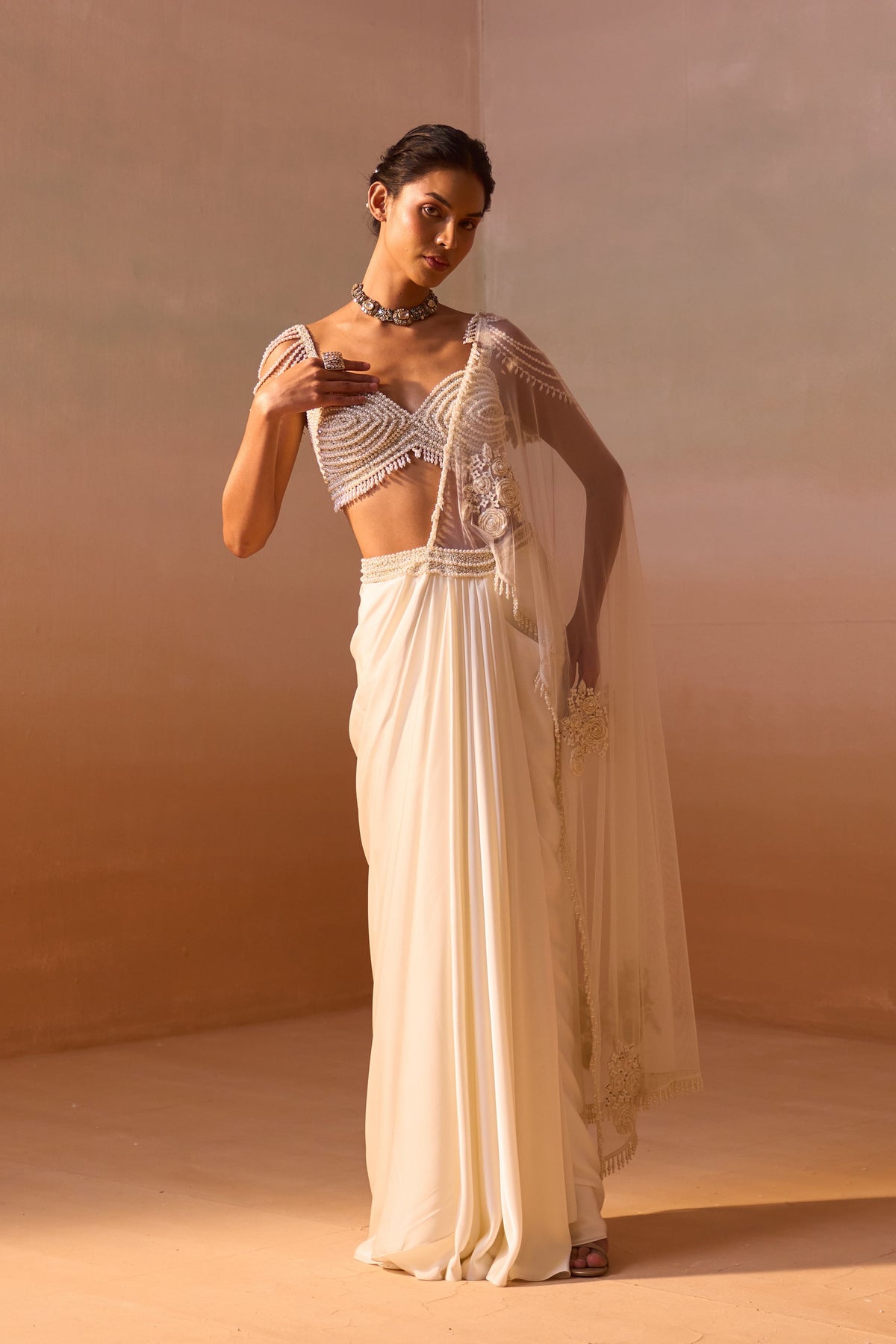Ivory Pearl Worked Draped Saree
